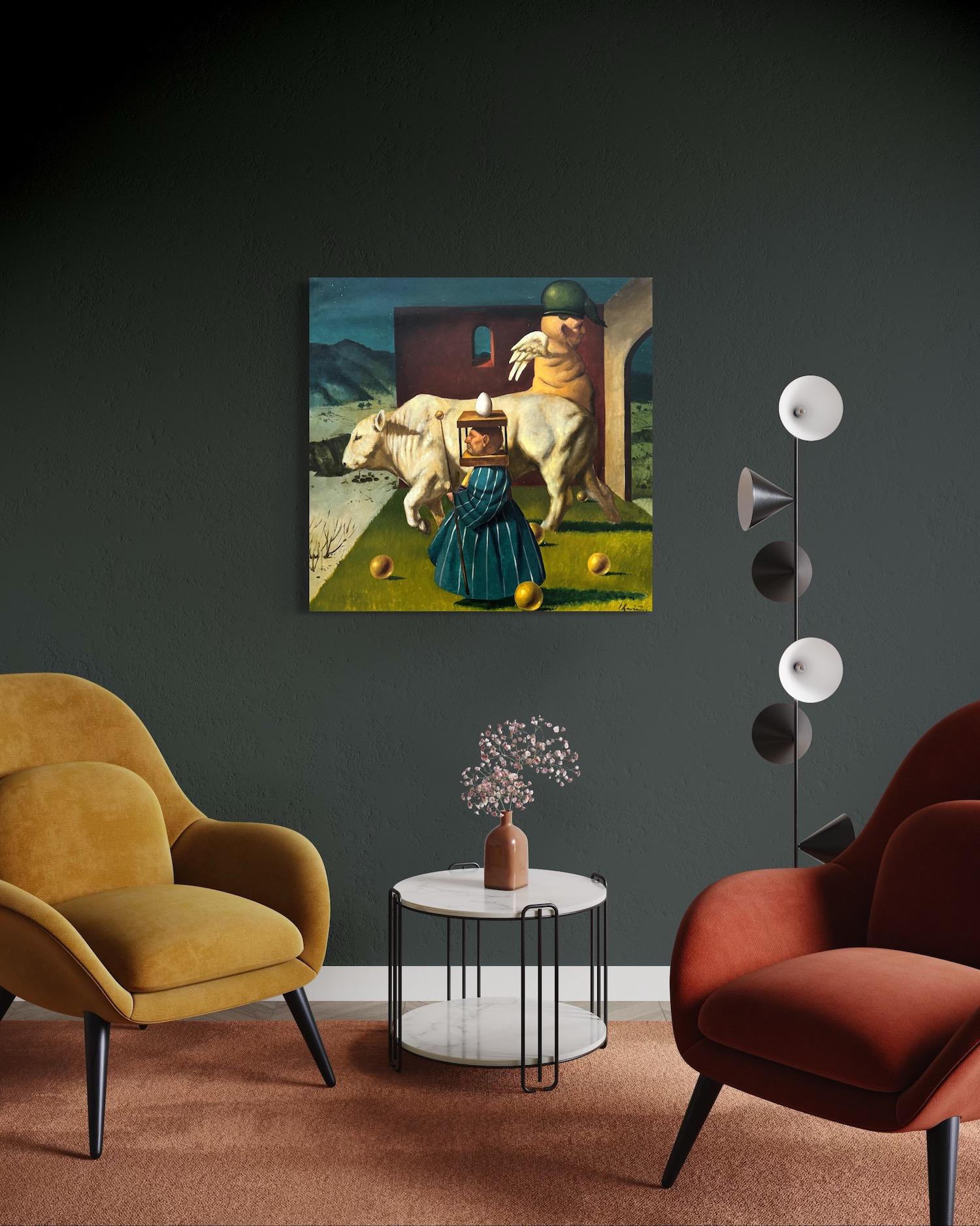 Légende d'une vache blanche Figurative Surréalisme Peinture à l'huile originale en vente 2