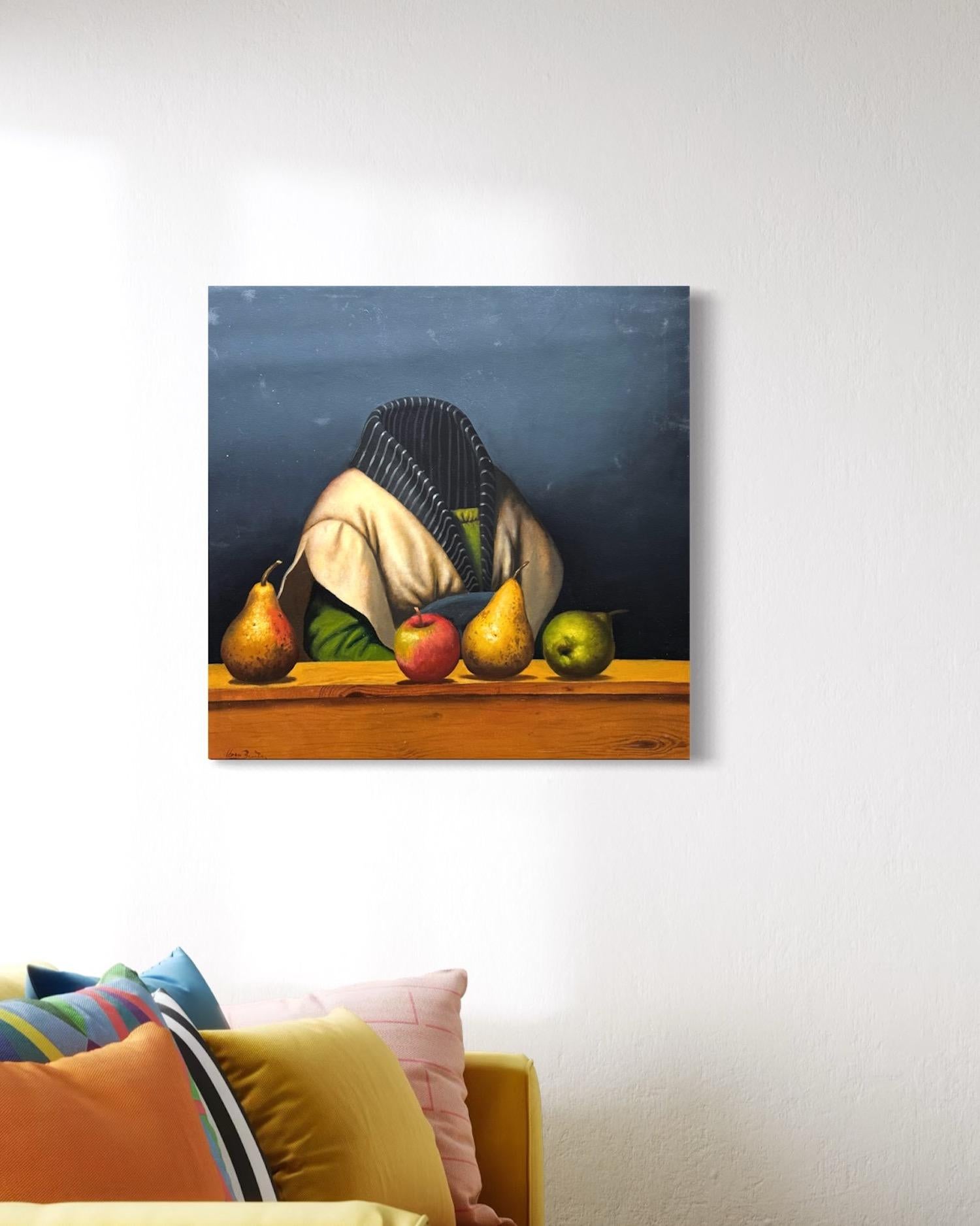 Nature morte avec portrait de femme aux yeux bleus Surréalisme Peinture à l'huile originale - Noir Portrait Painting par Ashot Yan