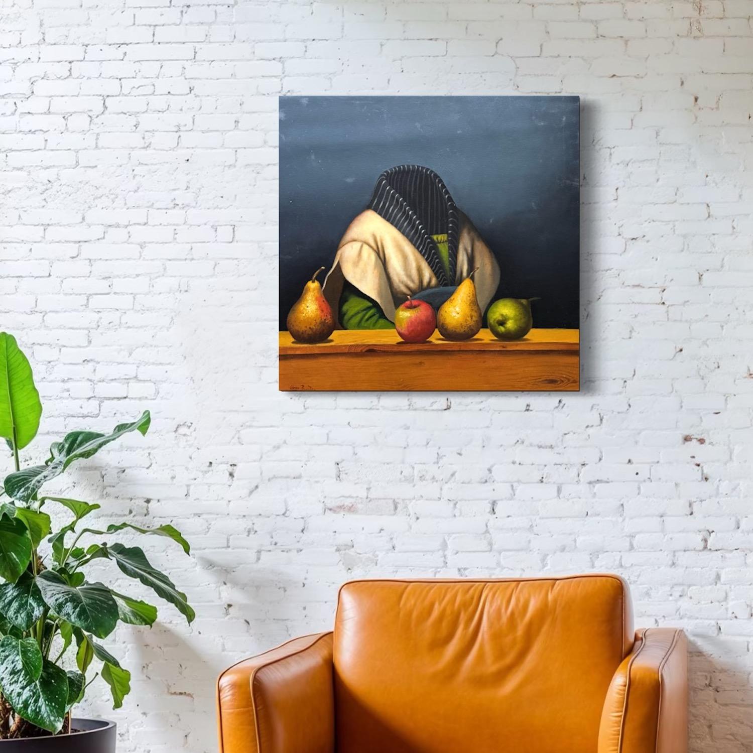 Nature morte avec portrait de femme aux yeux bleus Surréalisme Peinture à l'huile originale en vente 1