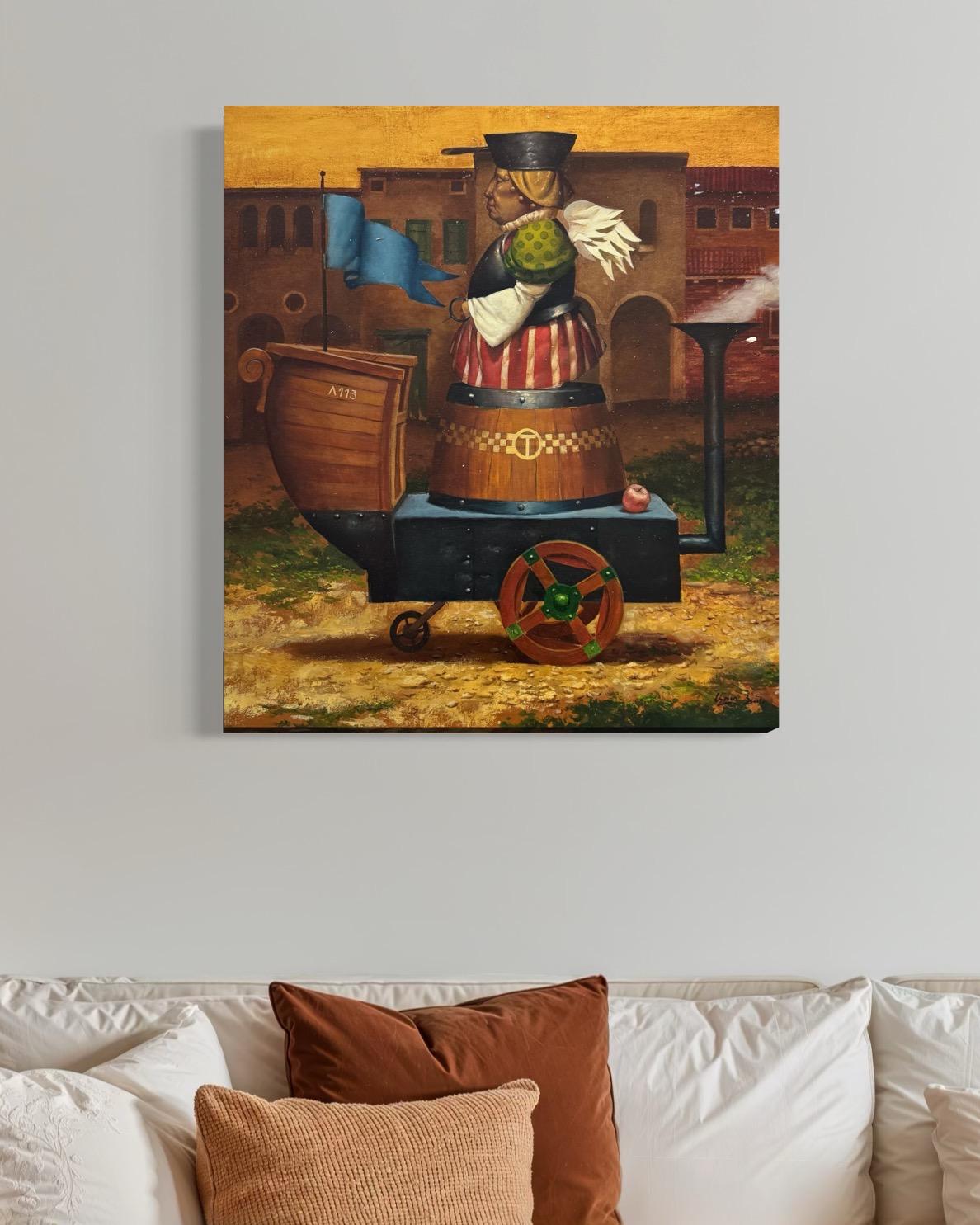 Artist: Ashot Yan
Work: Original Oil Painting, Handmade Artwork, One of a Kind
Medium: Oil on Linen,
Year: 2014
Style: Figurative Surrealism, 
Subject: Taxi Service Ashot,
Size: 27.5