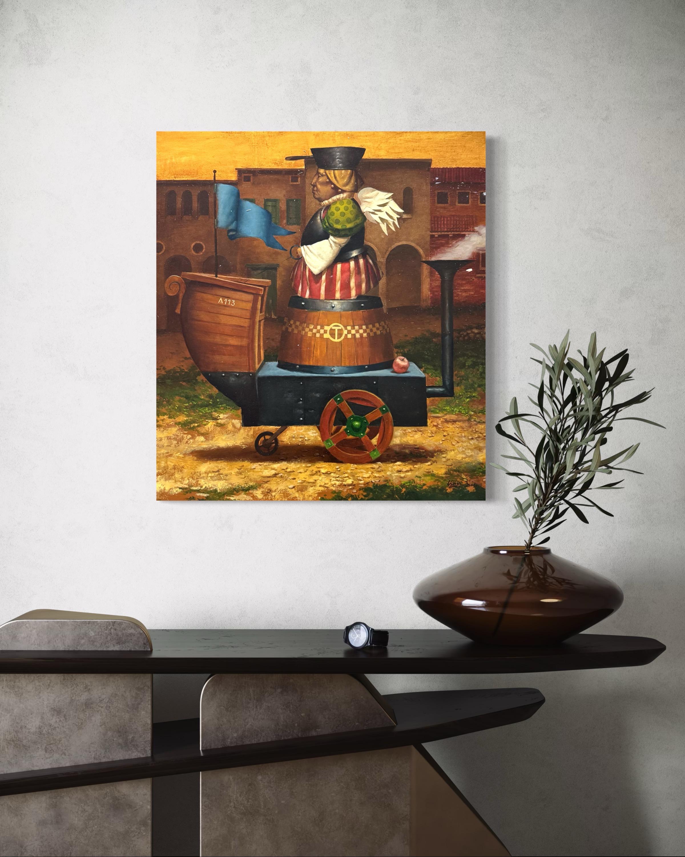 Taxi Service Ashot, Figurative Surrealism, Original oil Painting For Sale 3