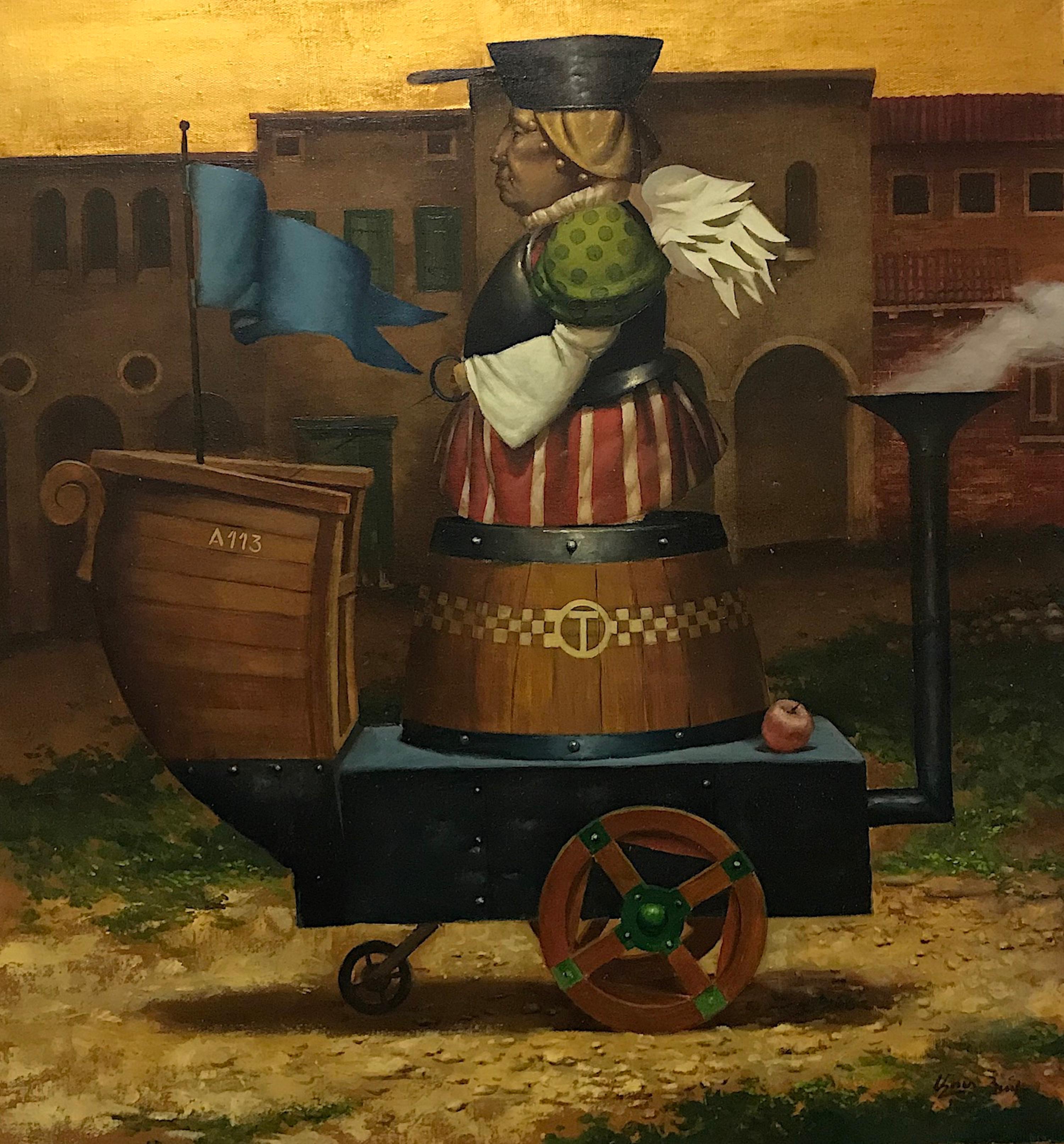 Figurative Painting de Ashot Yan - Servicio de taxi, Surrealismo figurativo, Pintura al óleo original