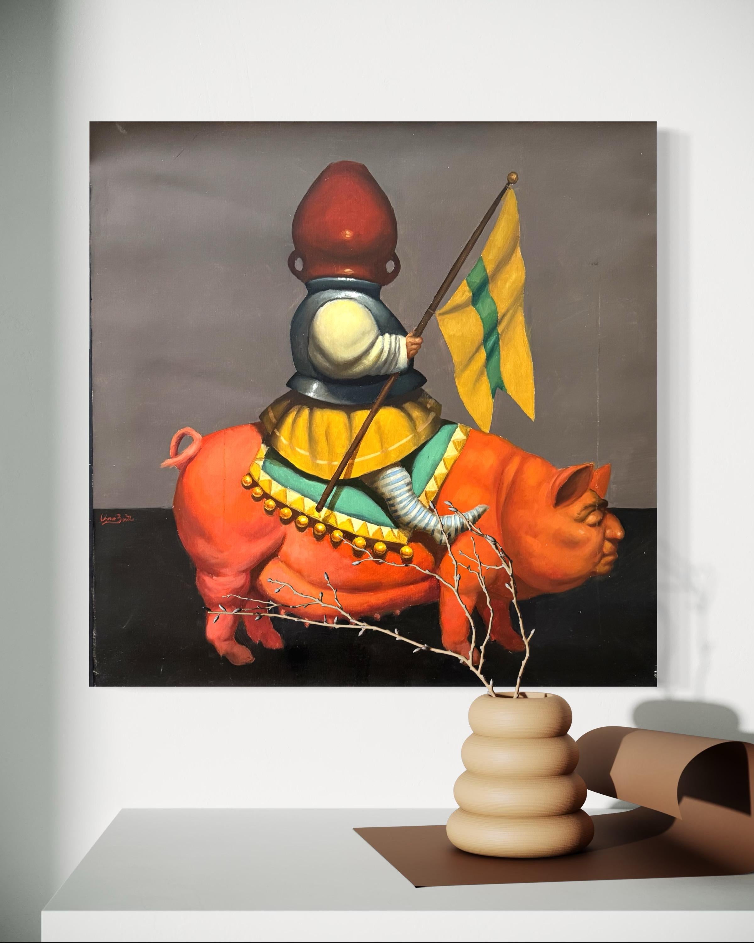 The Hero, figurativer Surrealismus, Original-Ölgemälde, handgefertigtes Kunstwerk (Grau), Figurative Painting, von Ashot Yan