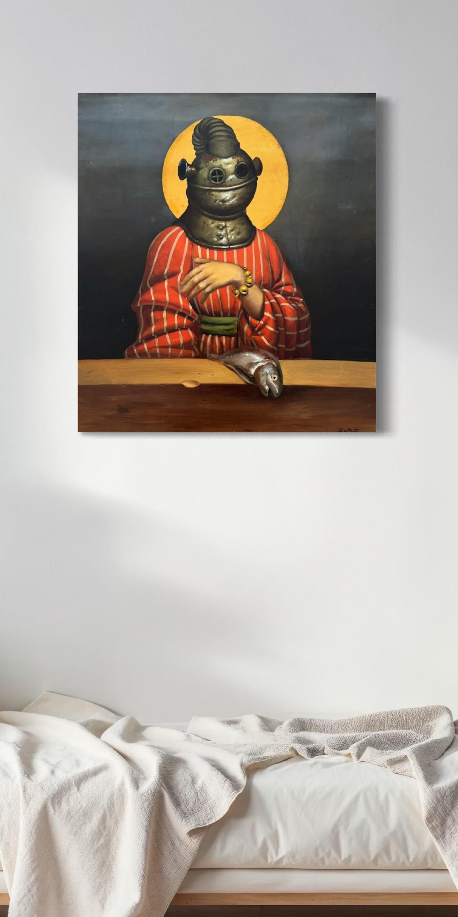 Le Saint Portrait Surréalisme Peinture à l'huile originale - Noir Portrait Painting par Ashot Yan