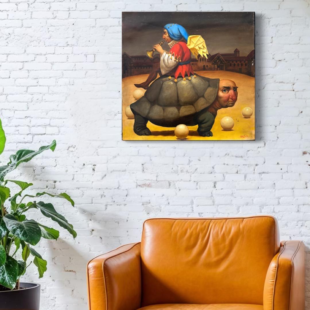 The Sad Clown, Figurative Surrealism, Original oil Painting, Handmade artwork - Noir Figurative Painting par Ashot Yan