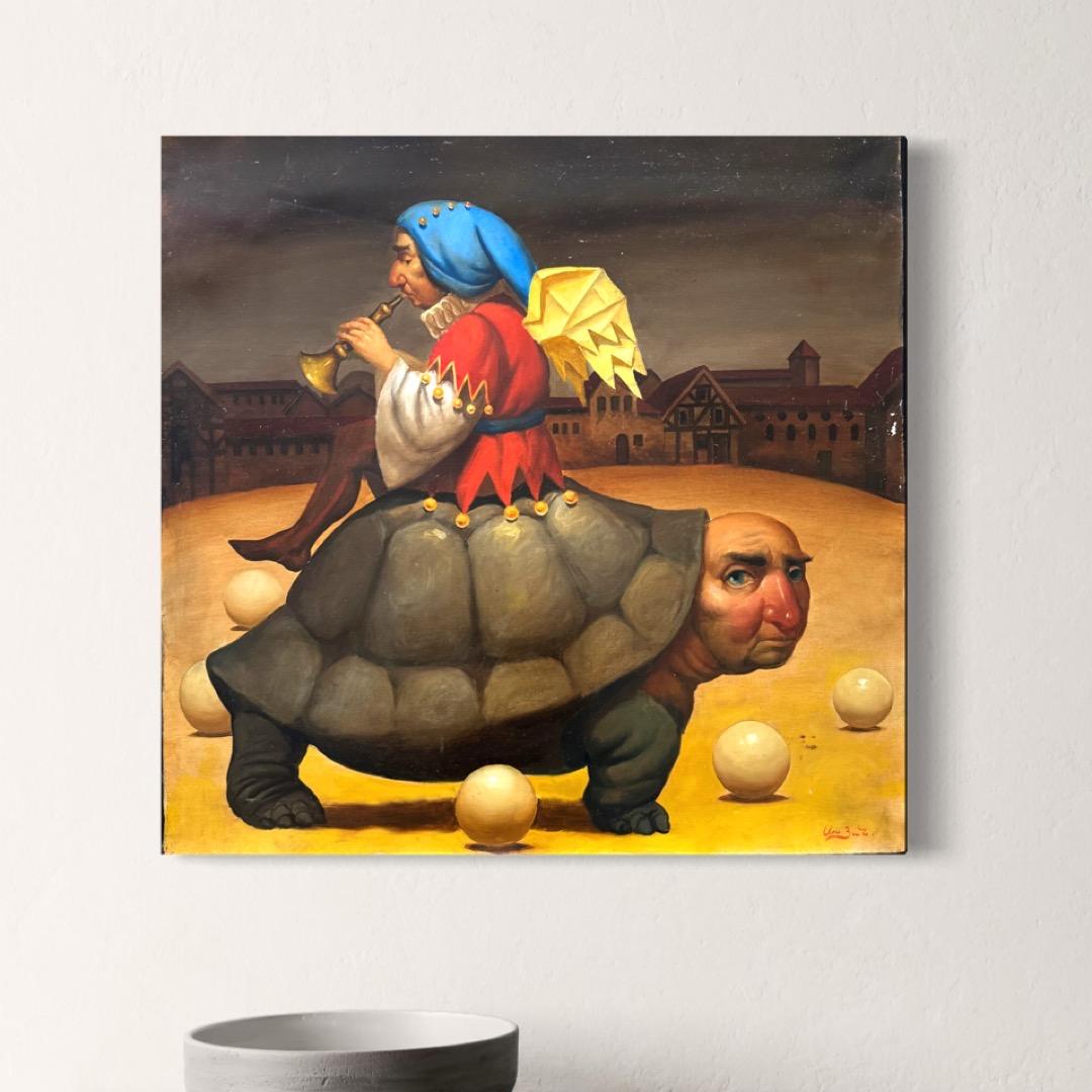 The Sad Clown, Figurative Surrealism, Original oil Painting, Handmade artwork en vente 1