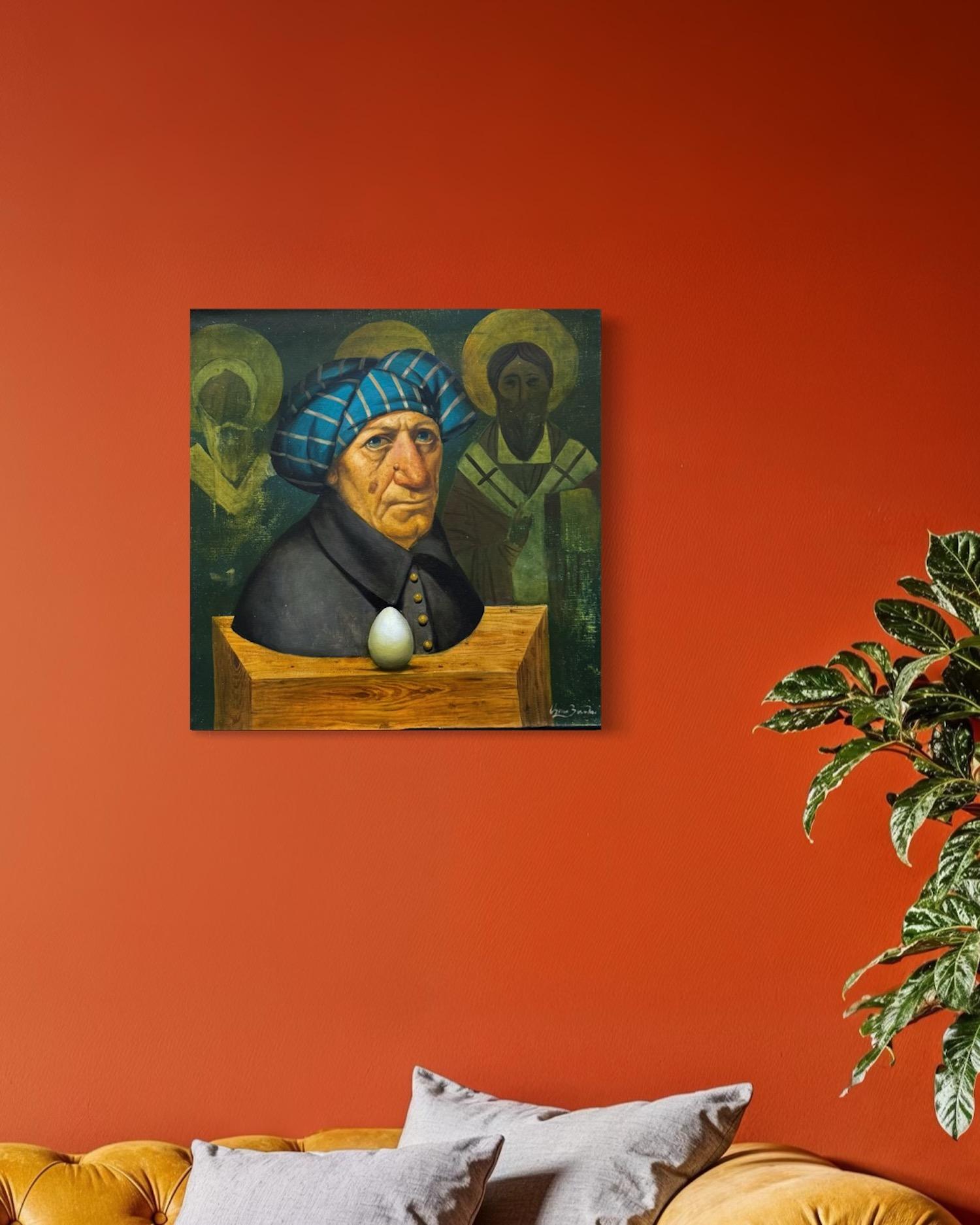 Portrait pensant Surréalisme Peinture à l'huile originale - Noir Portrait Painting par Ashot Yan