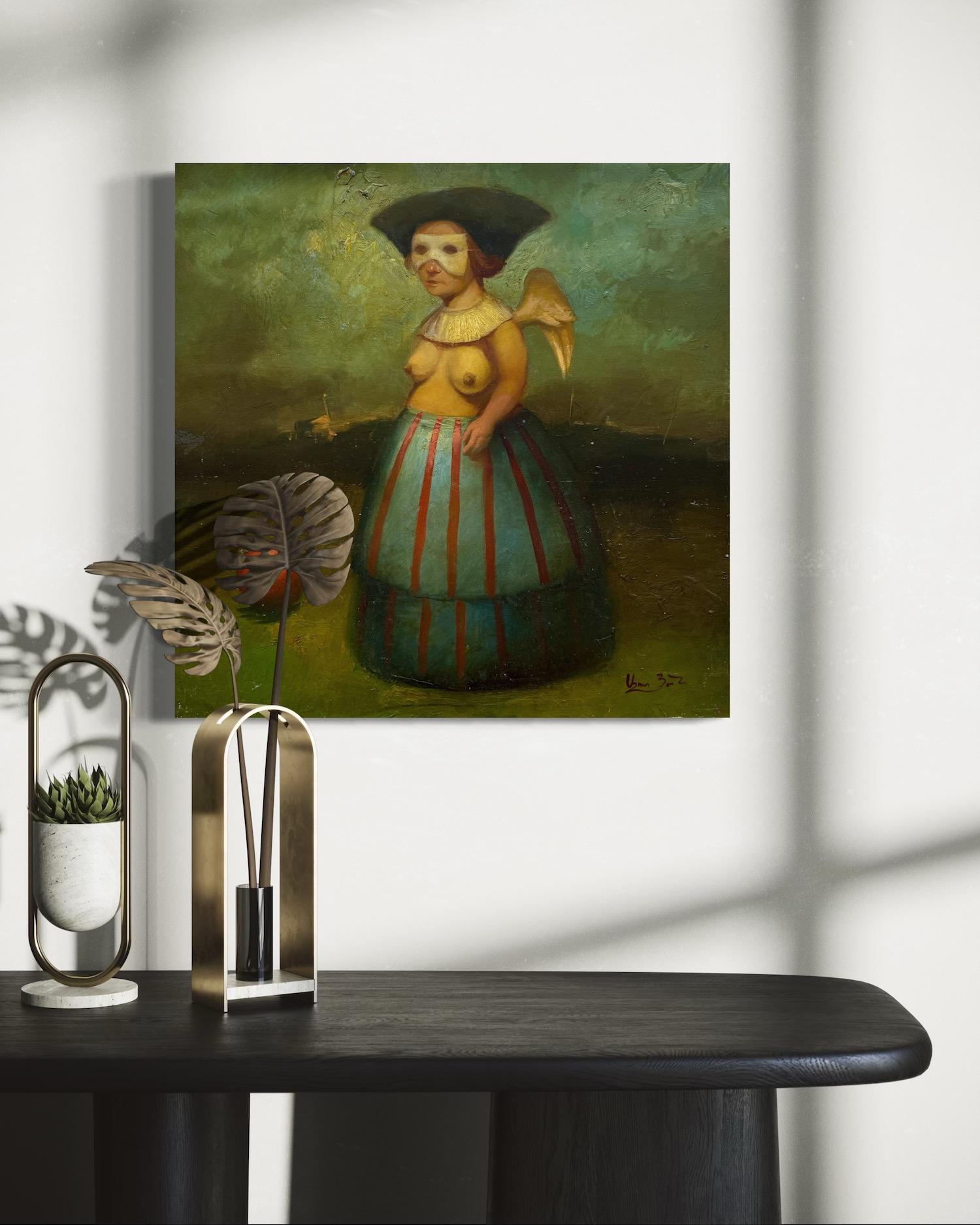 Figurative Surrealism Original Painting
Artist: Ashot Yan
Work: Original Oil Painting, Handmade Artwork, One of a Kind
Medium: Oil on Linen,
Year: 2019
Style: Figurative Surrealism, 
Title: Under the Mask 
Size: 19.5