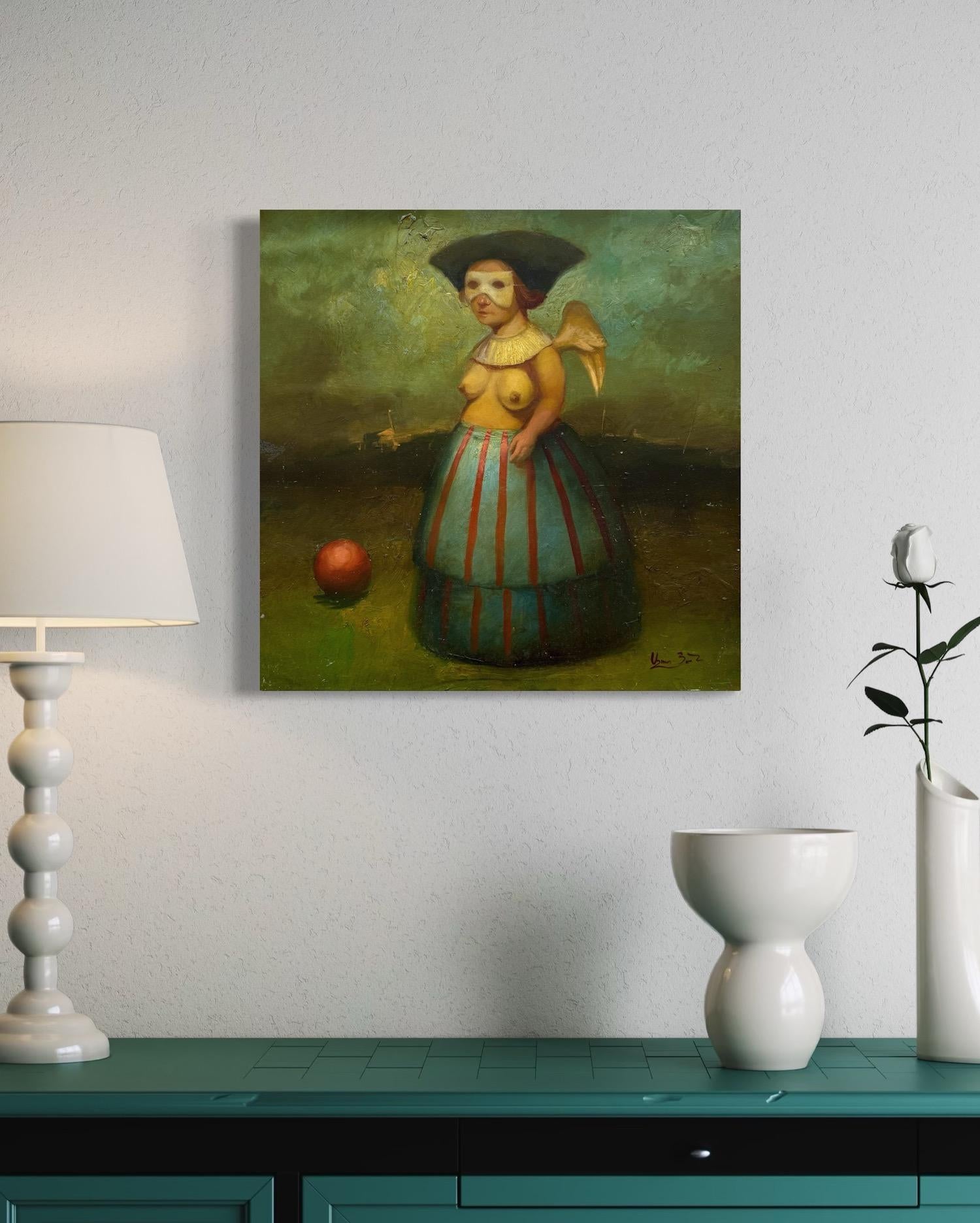 Under the Mask, Figurative Surrealism Original oil Painting For Sale 1