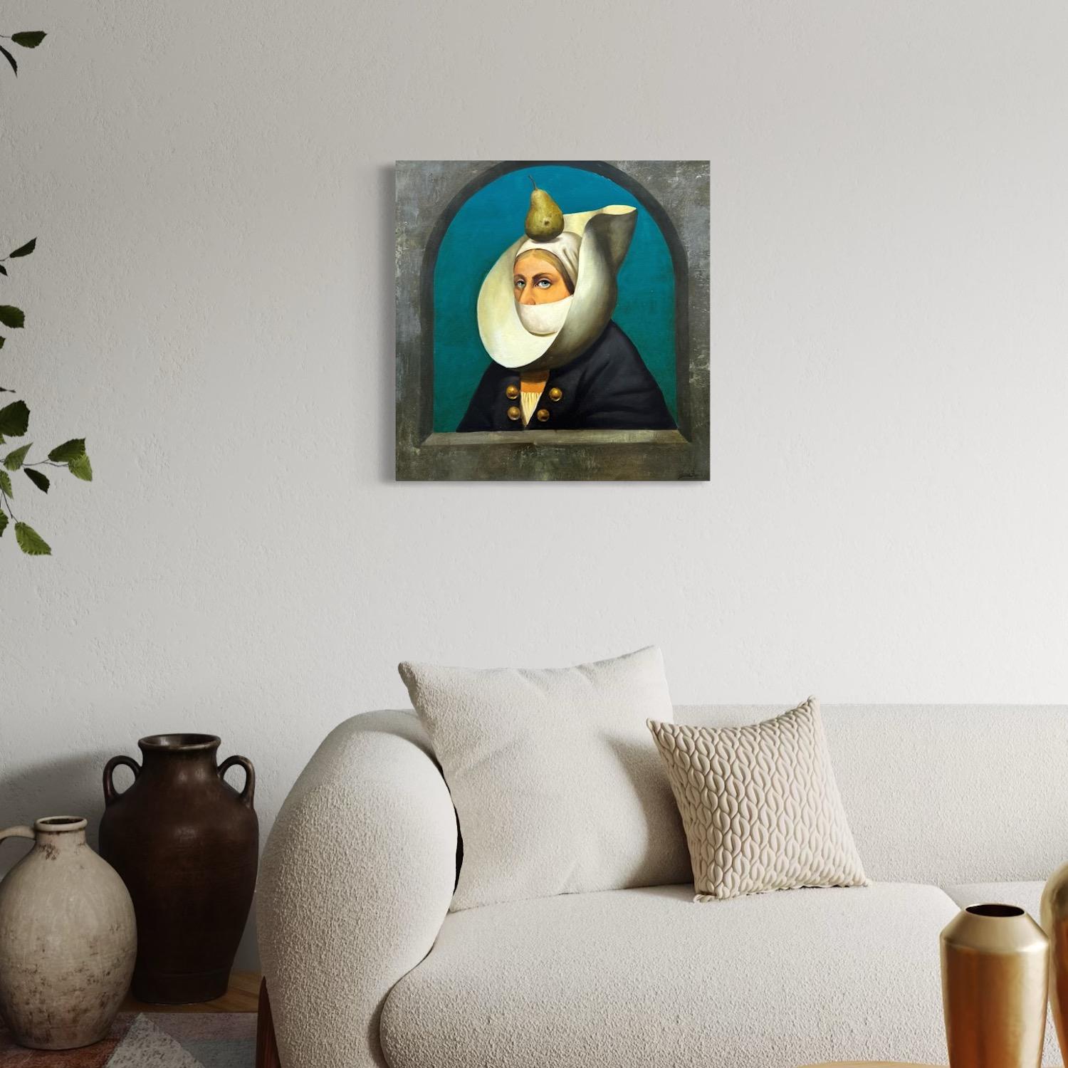 Portrait d'attente Surréalisme Peinture à l'huile originale - Noir Portrait Painting par Ashot Yan