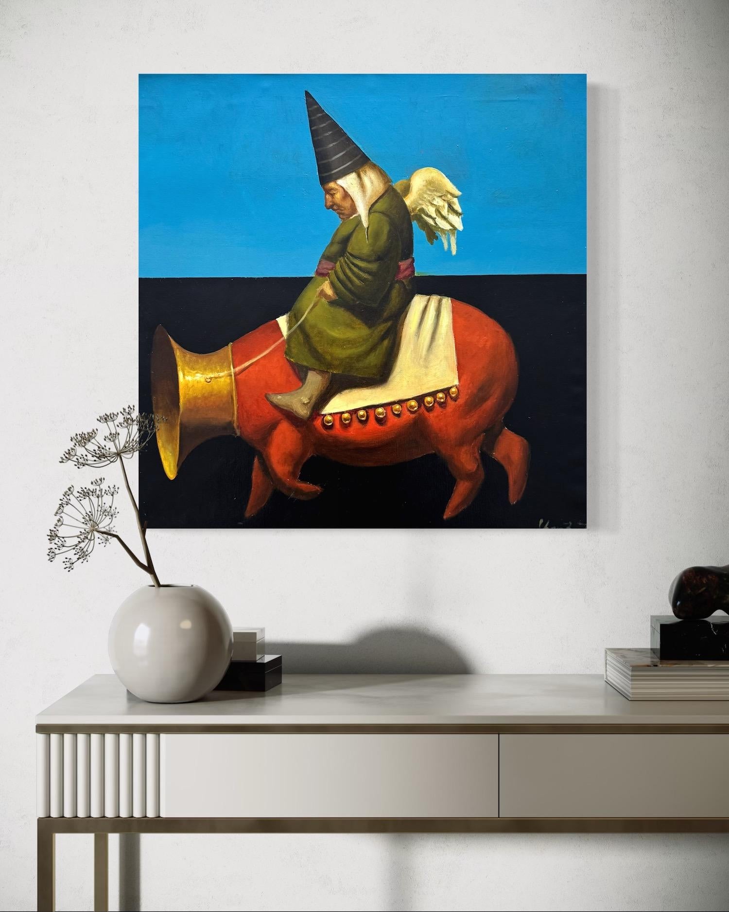 Walk along Lupie street Figurative Surrealism Original oil Painting - Blue Figurative Painting by Ashot Yan