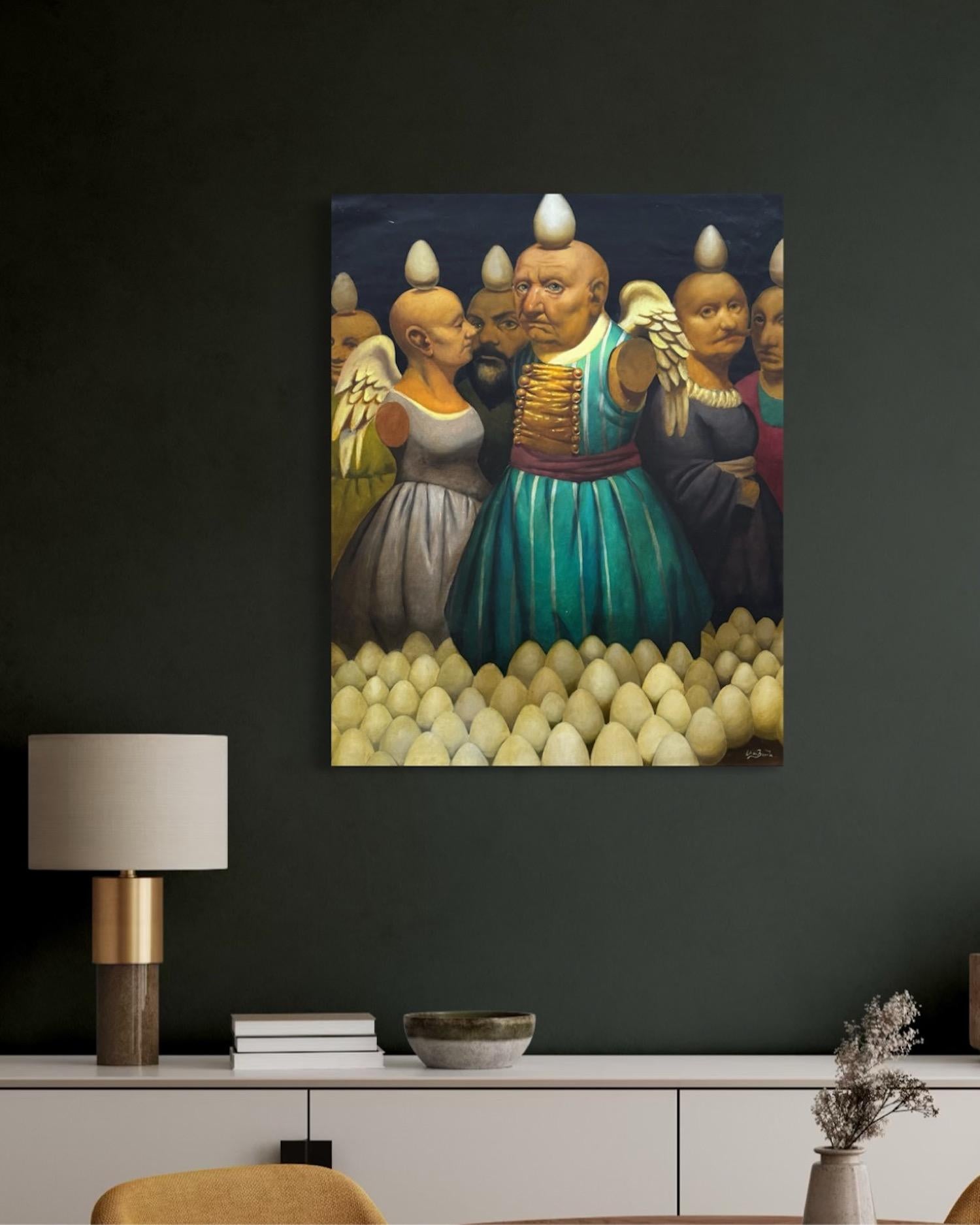 Walk in Paradise Figurative Surrealism Original oil Painting - Black Figurative Painting by Ashot Yan