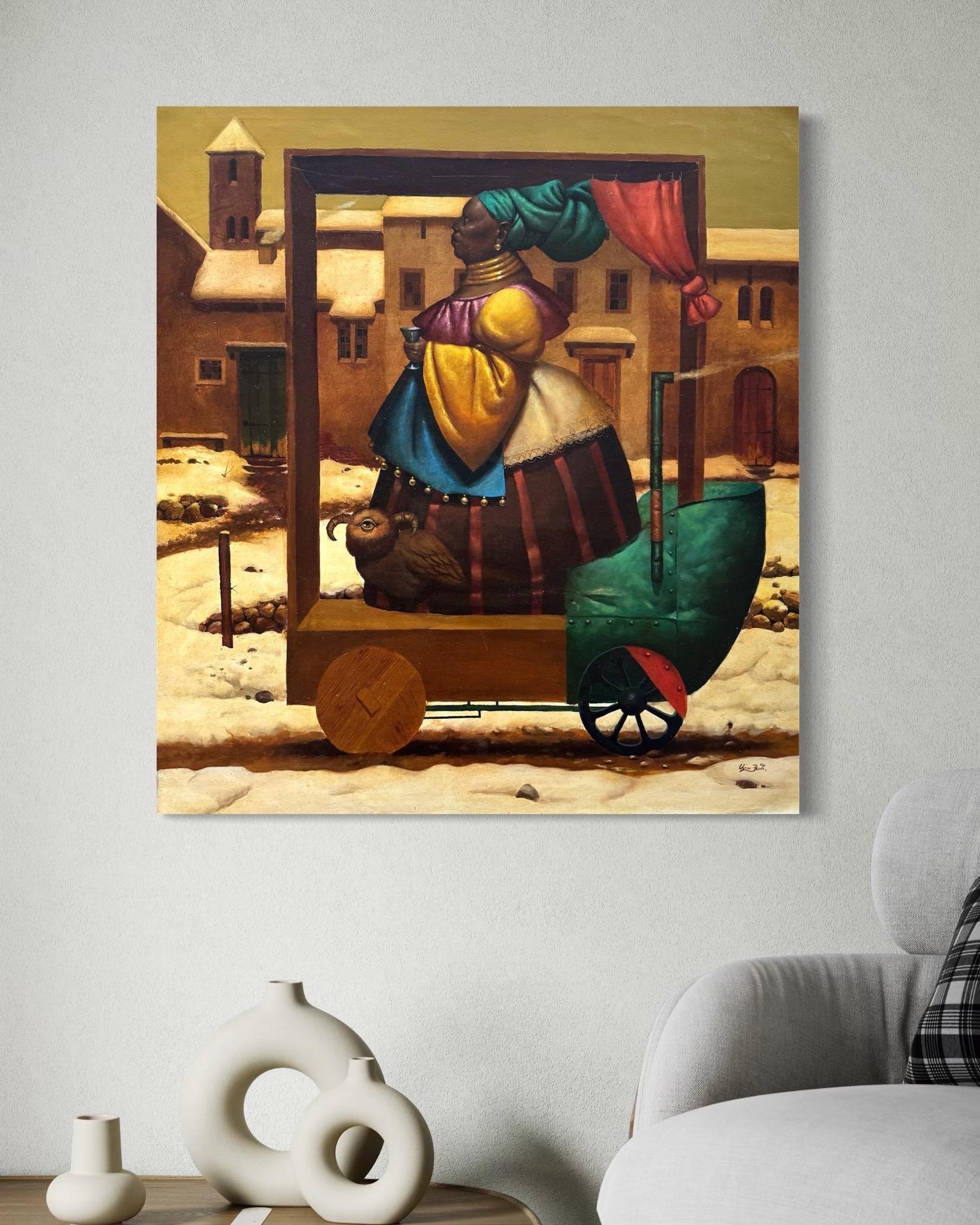 Queen's Walk, Figurative Surrealism, Original oil Painting One of a Kind For Sale 2