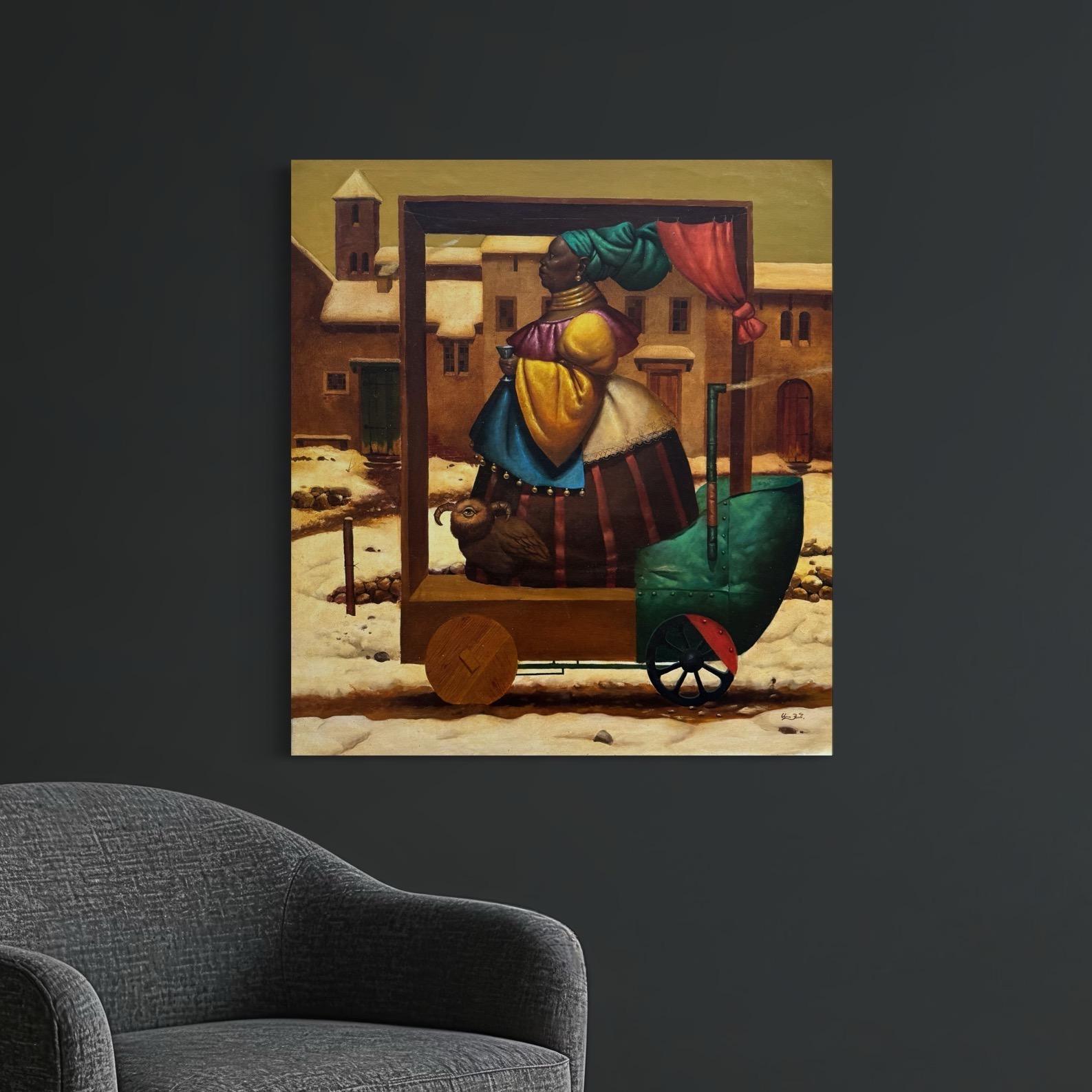Queen's Walk, Figurative Surrealism, Original oil Painting One of a Kind For Sale 3