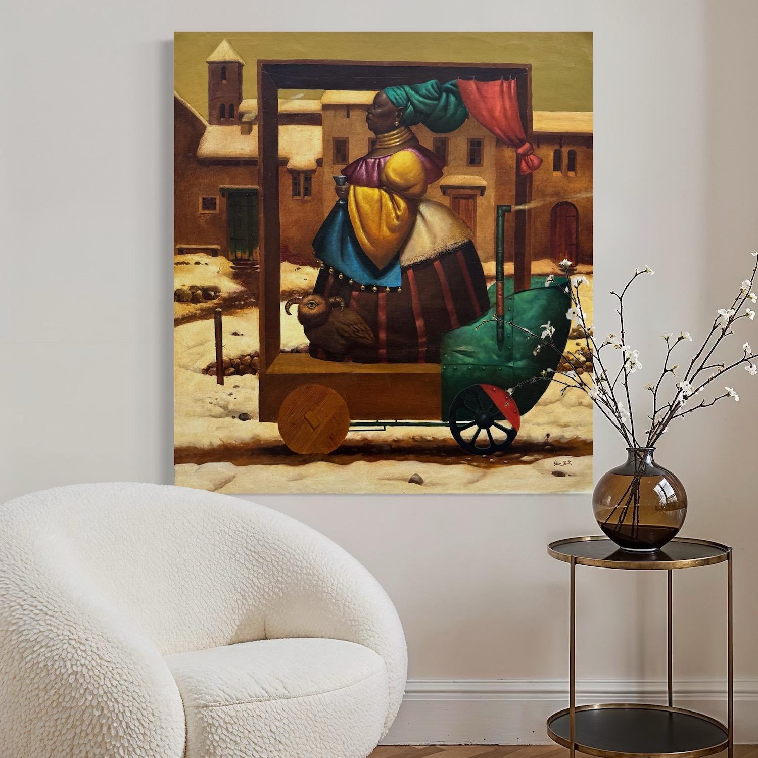 Queen's Walk, Figurative Surrealism, Original oil Painting One of a Kind For Sale 4