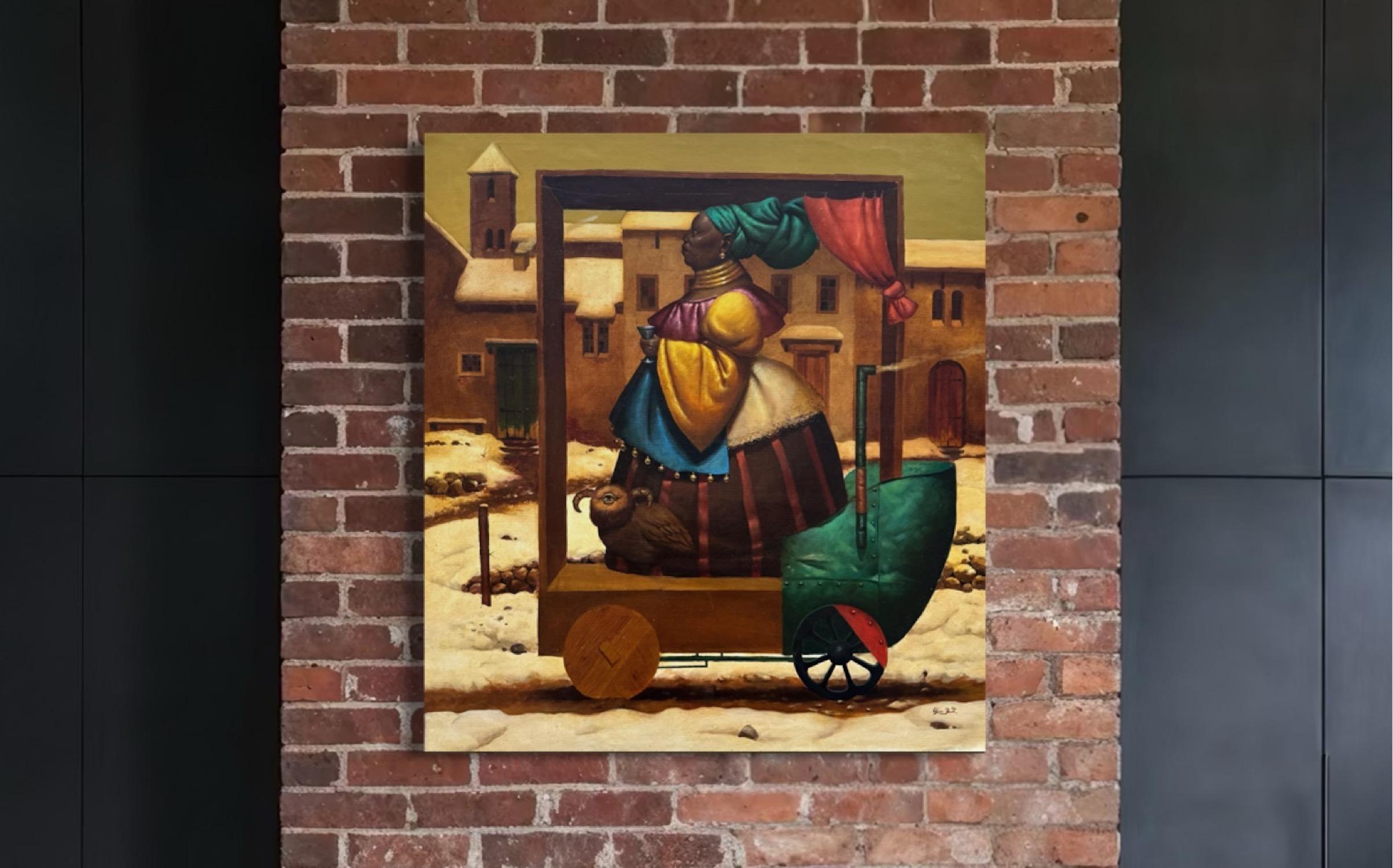 Queen's Walk, Figurative Surrealism, Original oil Painting One of a Kind For Sale 5