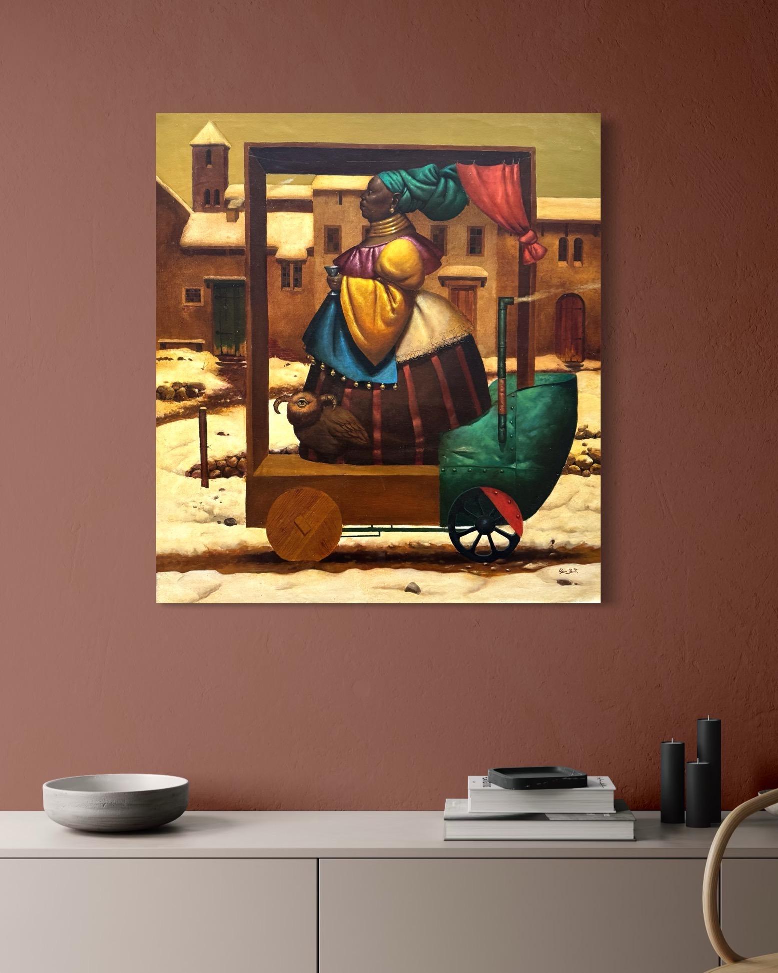 Queen's Walk, Figurative Surrealism, Original oil Painting One of a Kind For Sale 6