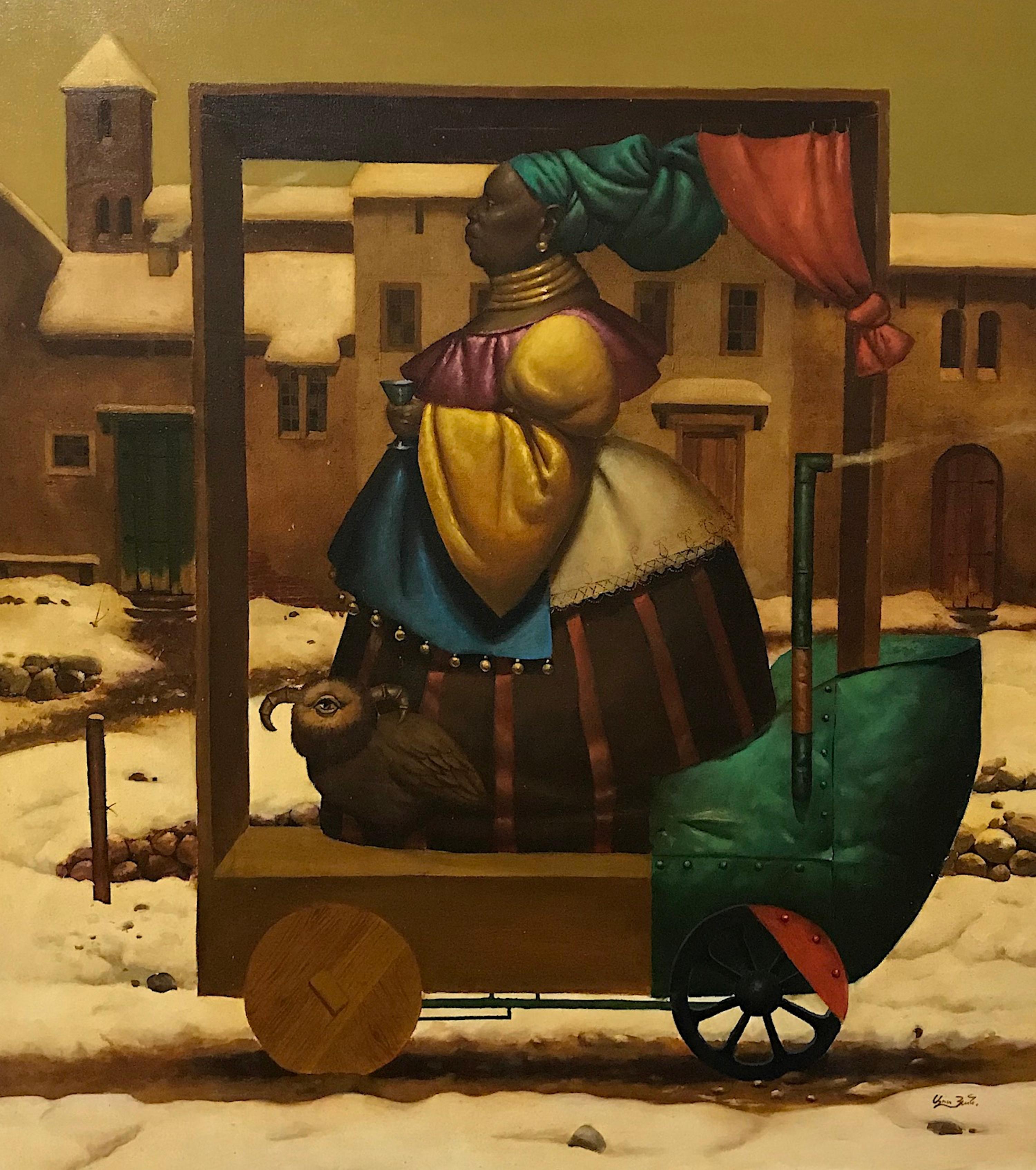 Figurative Painting de Ashot Yan - Paseando a la Reina, Surrealismo Figurativo, Pintura al óleo original