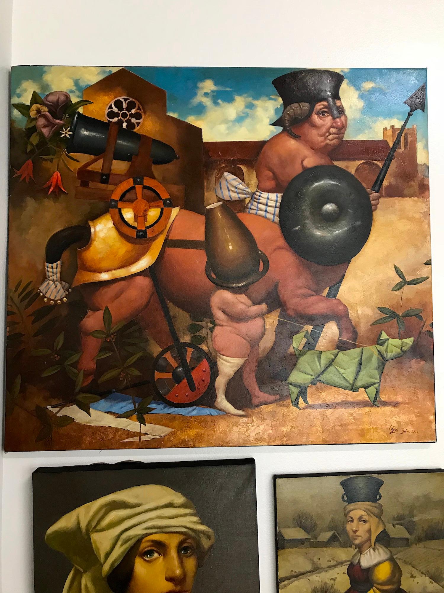 Guerra y paz, Surrealismo figurativo, Pintura al óleo original - Painting de Ashot Yan