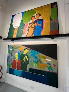 "Flautista con amico" Pittura ad olio figurativa 59" x 95" pollici di Ashraf Zamzami