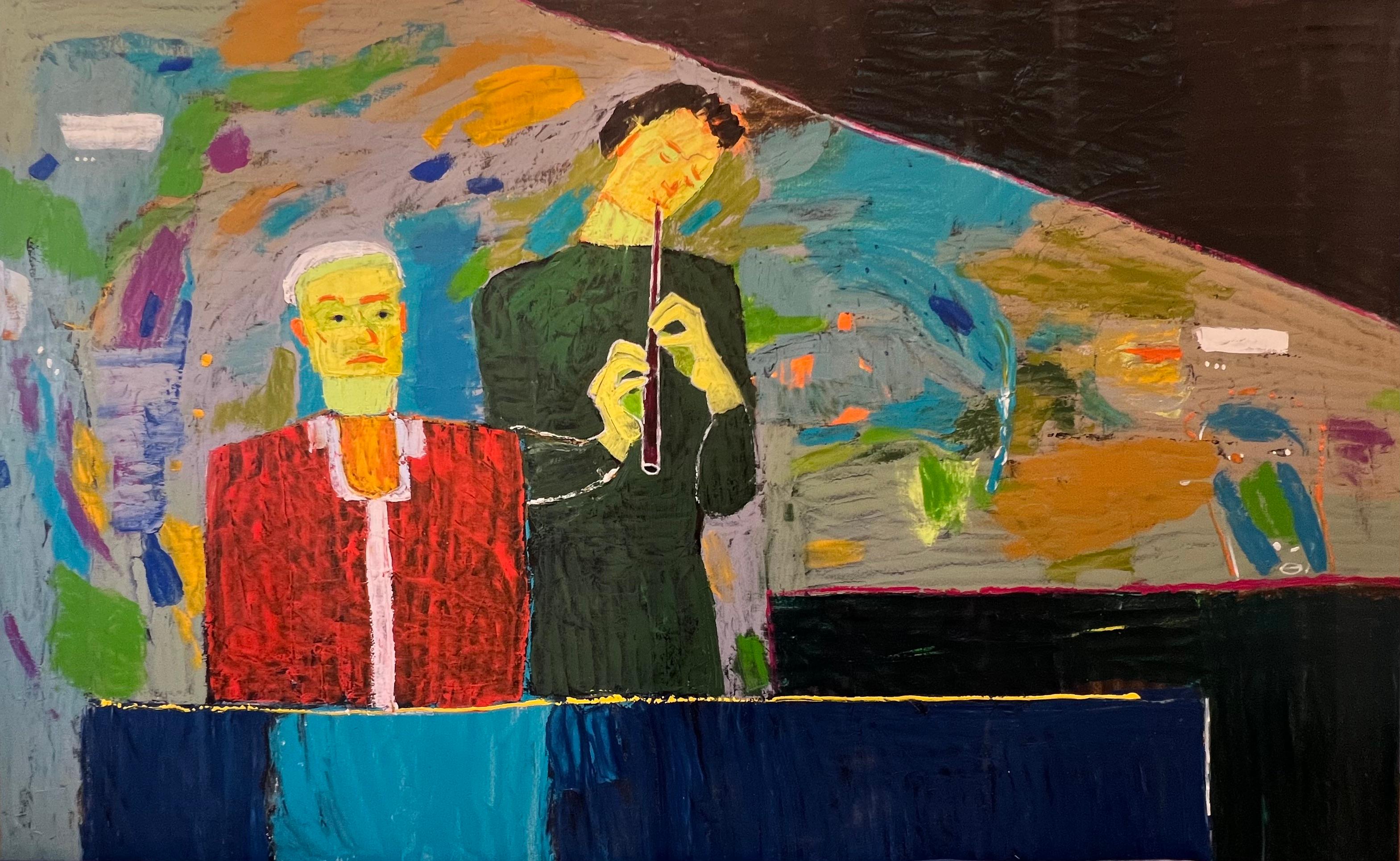 "Flutist with Friend" Figurative Oil Painting 59" x 95" inch by Ashraf Zamzami