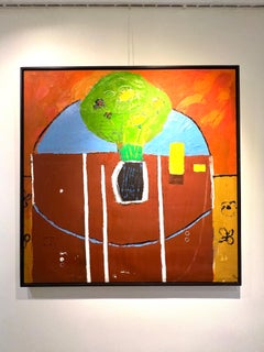 "Planta sobre mesa" Pintura al óleo figurativa 38" x 38" pulgadas por Ashraf Zamzami