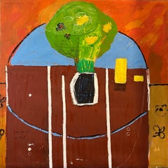 "Plant on Table" Figurative Oil Painting 38" x 38" inch by Ashraf Zamzami