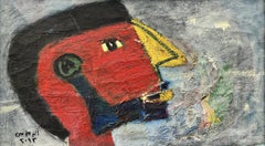 « Profil en rouge », peinture à l'huile figurative de 16" x 26" pouces par Ashraf Zamzami