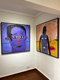 "Self-Portrait" Pittura ad olio figurativa 38" x 38" pollici di Ashraf Zamzami