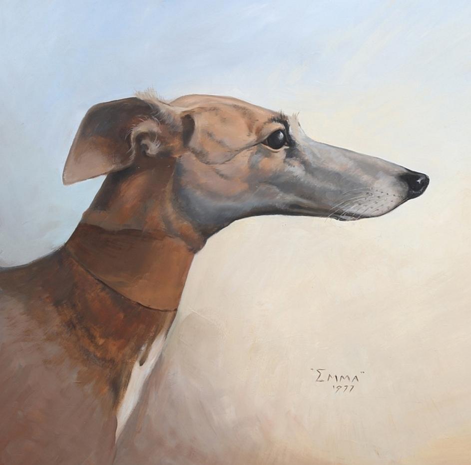 Emma - Porträt eines Windhundes oder einer Fledermaus Signiertes Ölgemälde auf Karton Hundegemälde – Painting von Ashton Booth