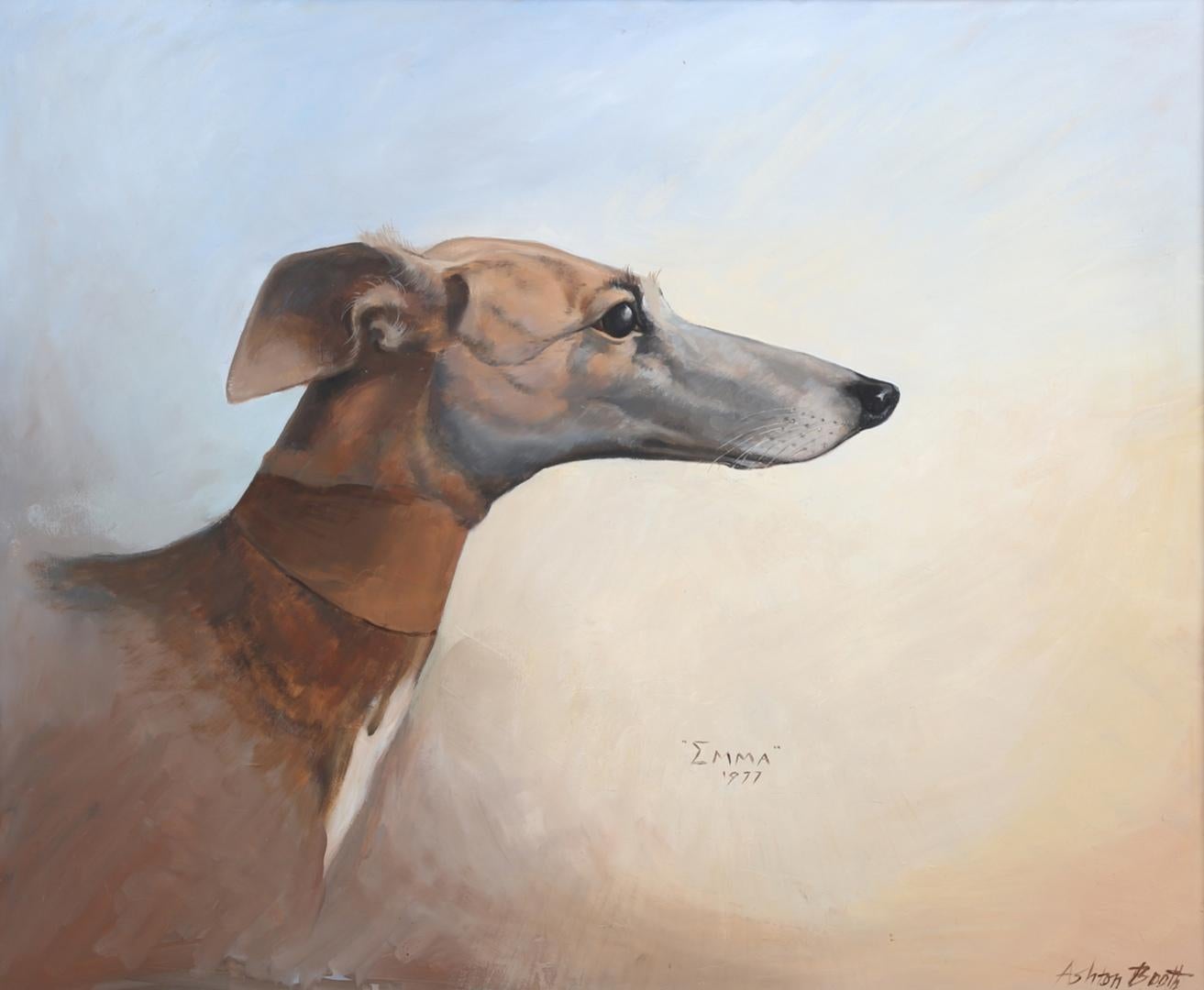 Emma - Porträt eines Windhundes oder einer Fledermaus Signiertes Ölgemälde auf Karton Hundegemälde (Grau), Animal Painting, von Ashton Booth