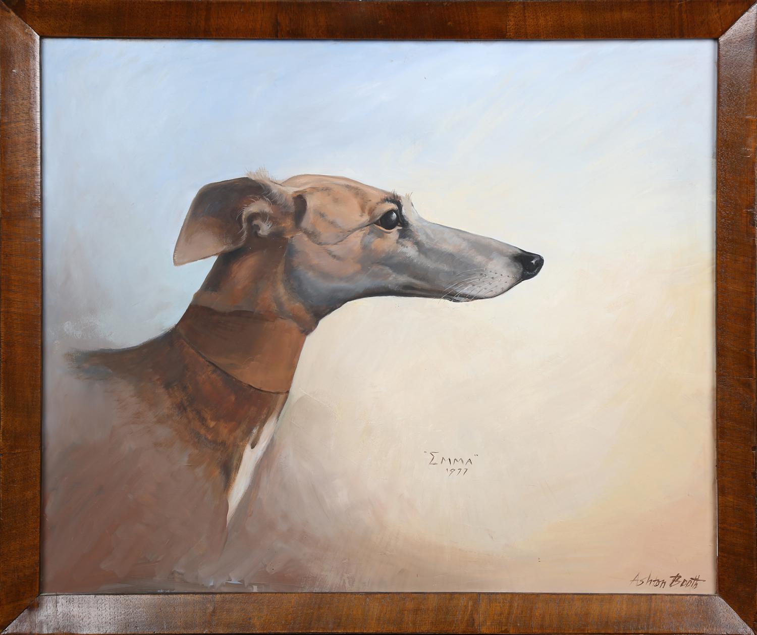 Ashton Booth Animal Painting – Emma - Porträt eines Windhundes oder einer Fledermaus Signiertes Ölgemälde auf Karton Hundegemälde