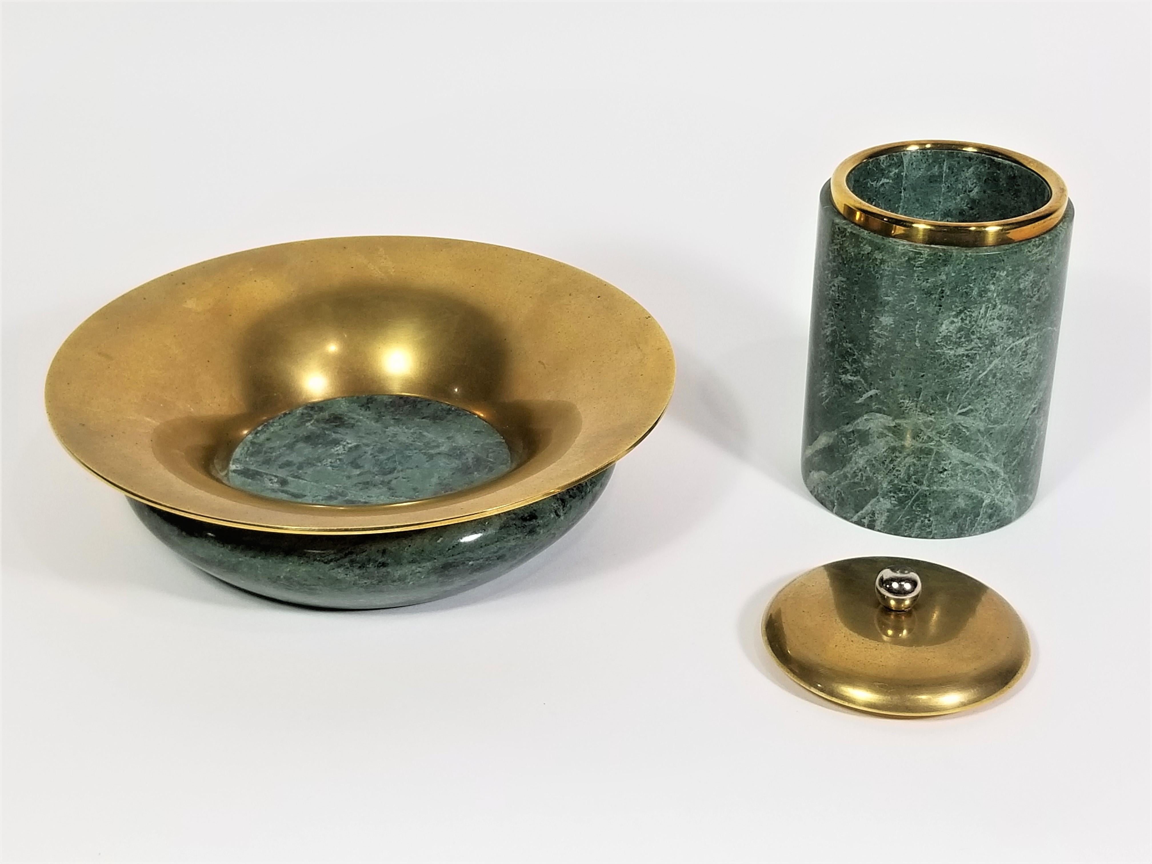 Ashtray and Holder Green Marble and Brass Smoking Set  In Excellent Condition For Sale In New York, NY