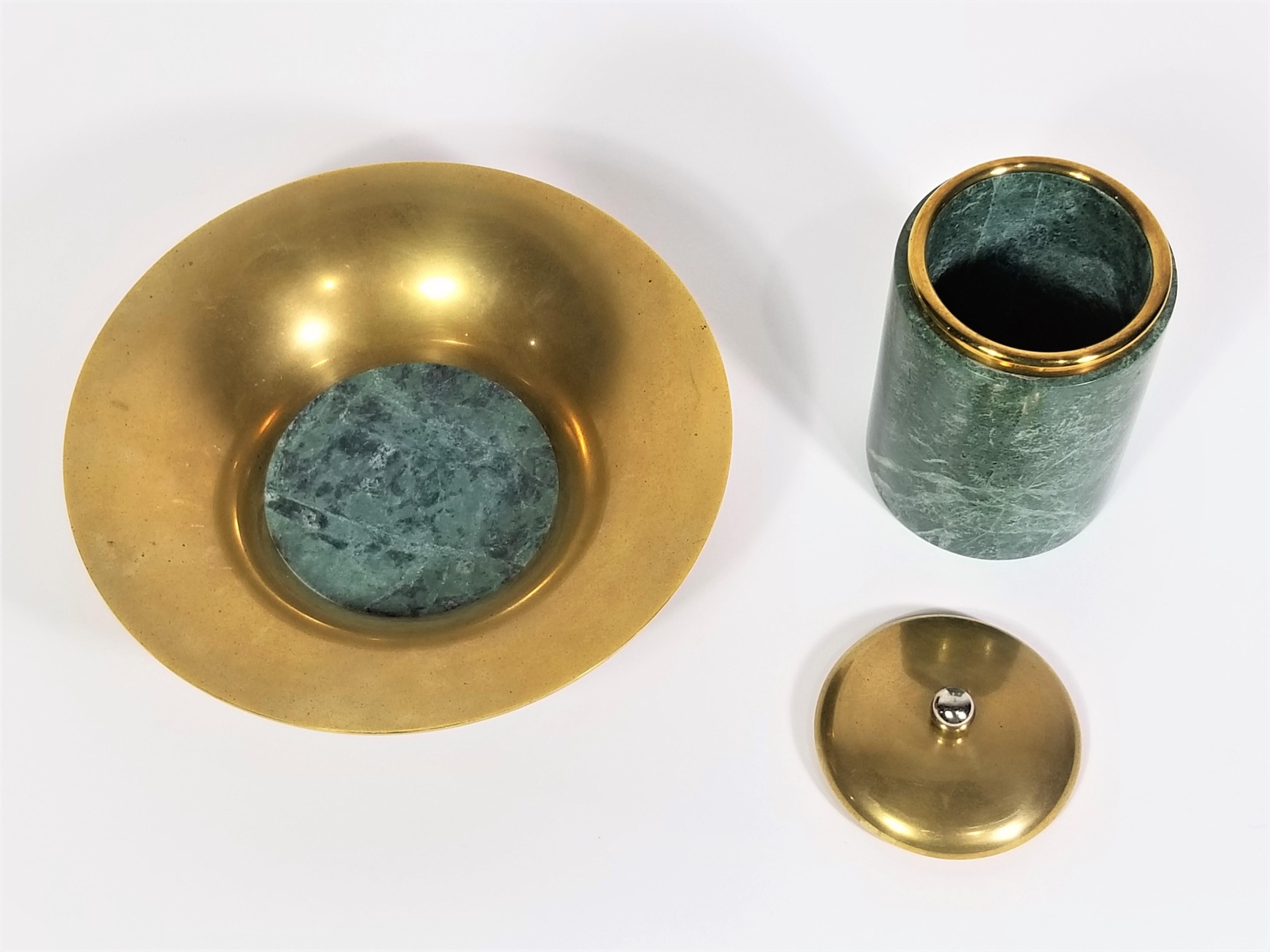 20th Century Ashtray and Holder Green Marble and Brass Smoking Set  For Sale