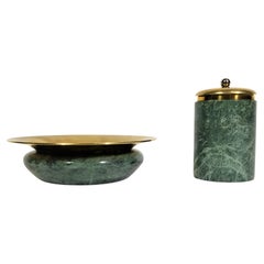 Ashtray and Holder Green Marble and Brass Smoking Set 