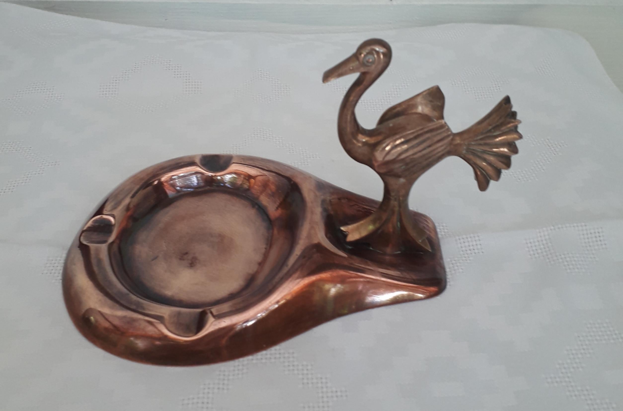 20th Century Ashtray Brass, with Heron Figurine, Signed, Mid-Century Modern, France, 1951
