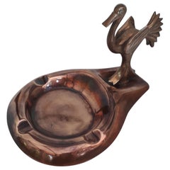Ashtray Brass, with Heron Figurine, Signed, Mid-Century Modern, France, 1951