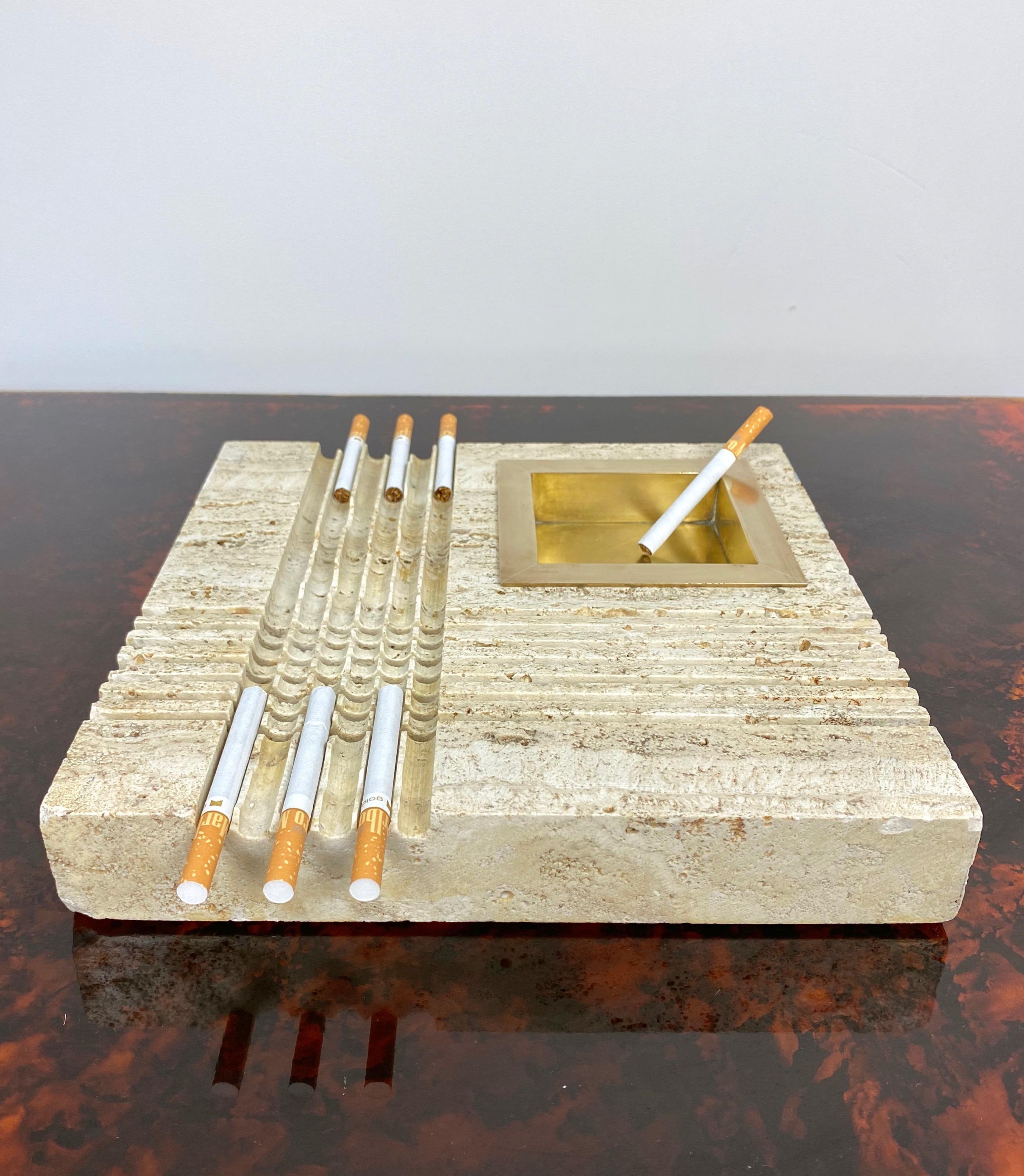 Late 20th Century Ashtray Cigarette Holder in Travertine and Brass, Fratelli Mannelli Italy 1970s
