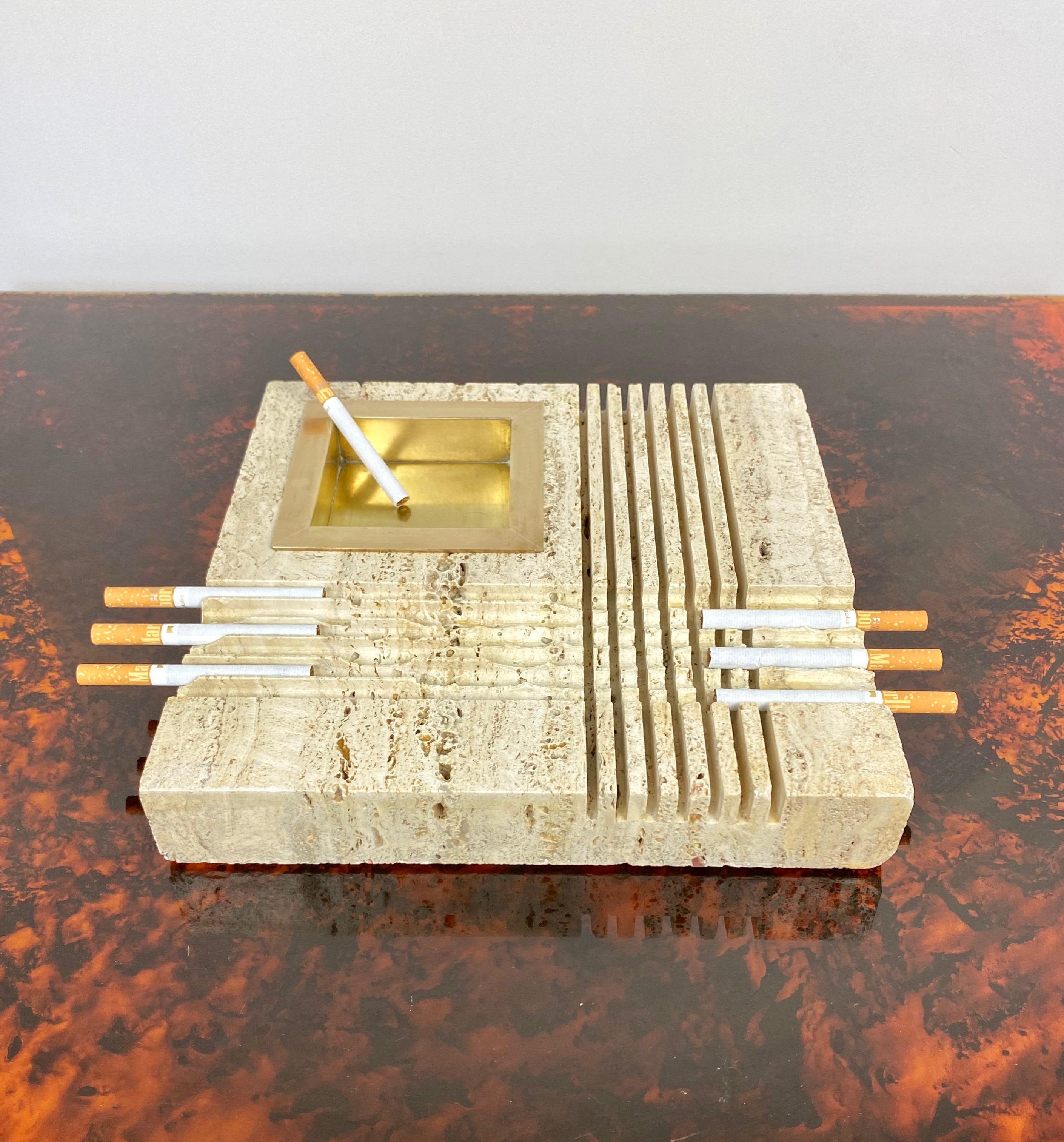 Ashtray Cigarette Holder in Travertine and Brass, Fratelli Mannelli Italy 1970s 2