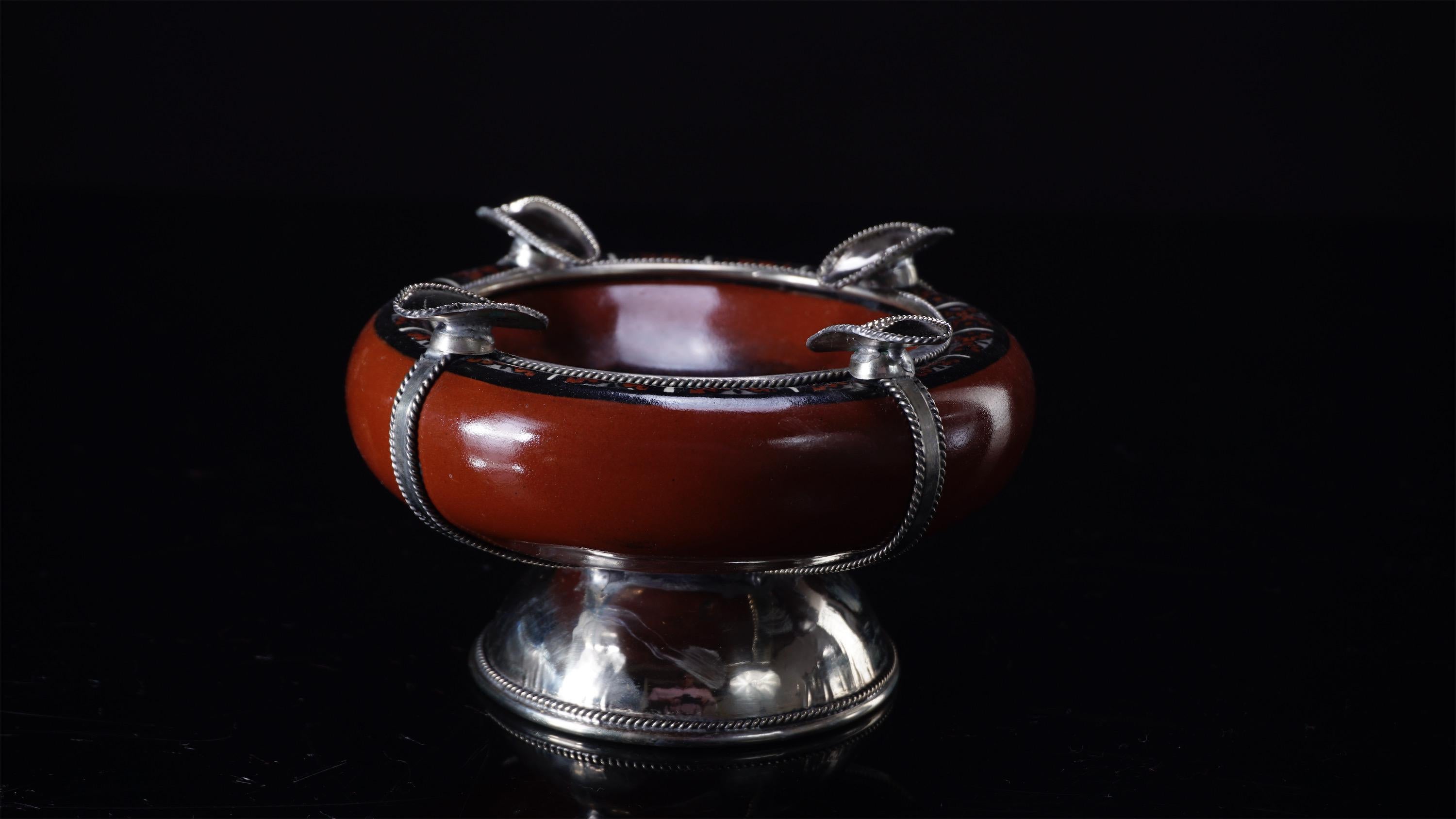 Mexican Ashtray for Cigars, Ceramic and White Metal 'Alpaca'