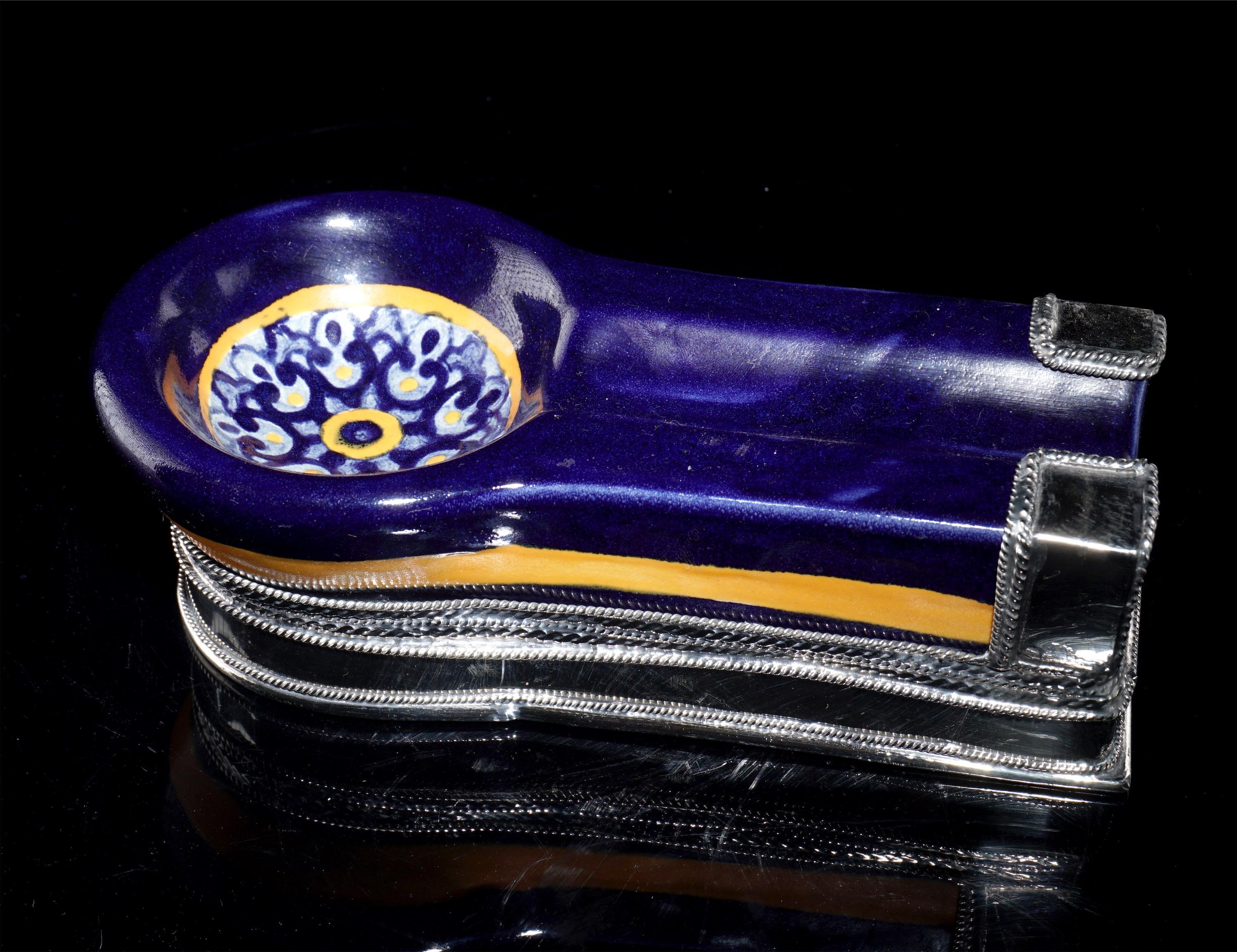 Ashtray for Cigars, Ceramic and White Metal 'Alpaca' In New Condition In Guadalajara, Jalisco