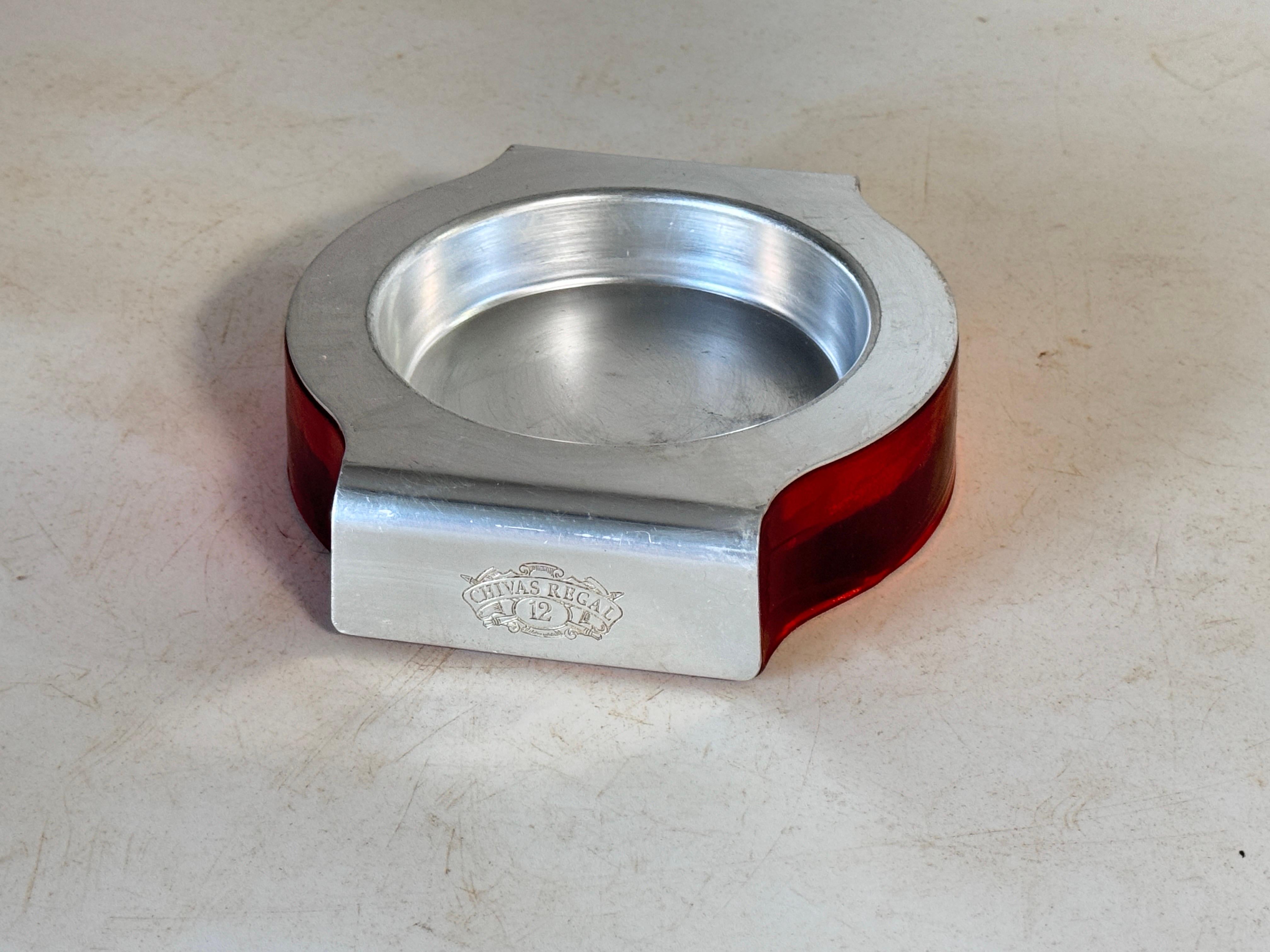 Ashtray in Aluminium Cast and Glass Signed Chivas Red silvered color France 1970 For Sale 2