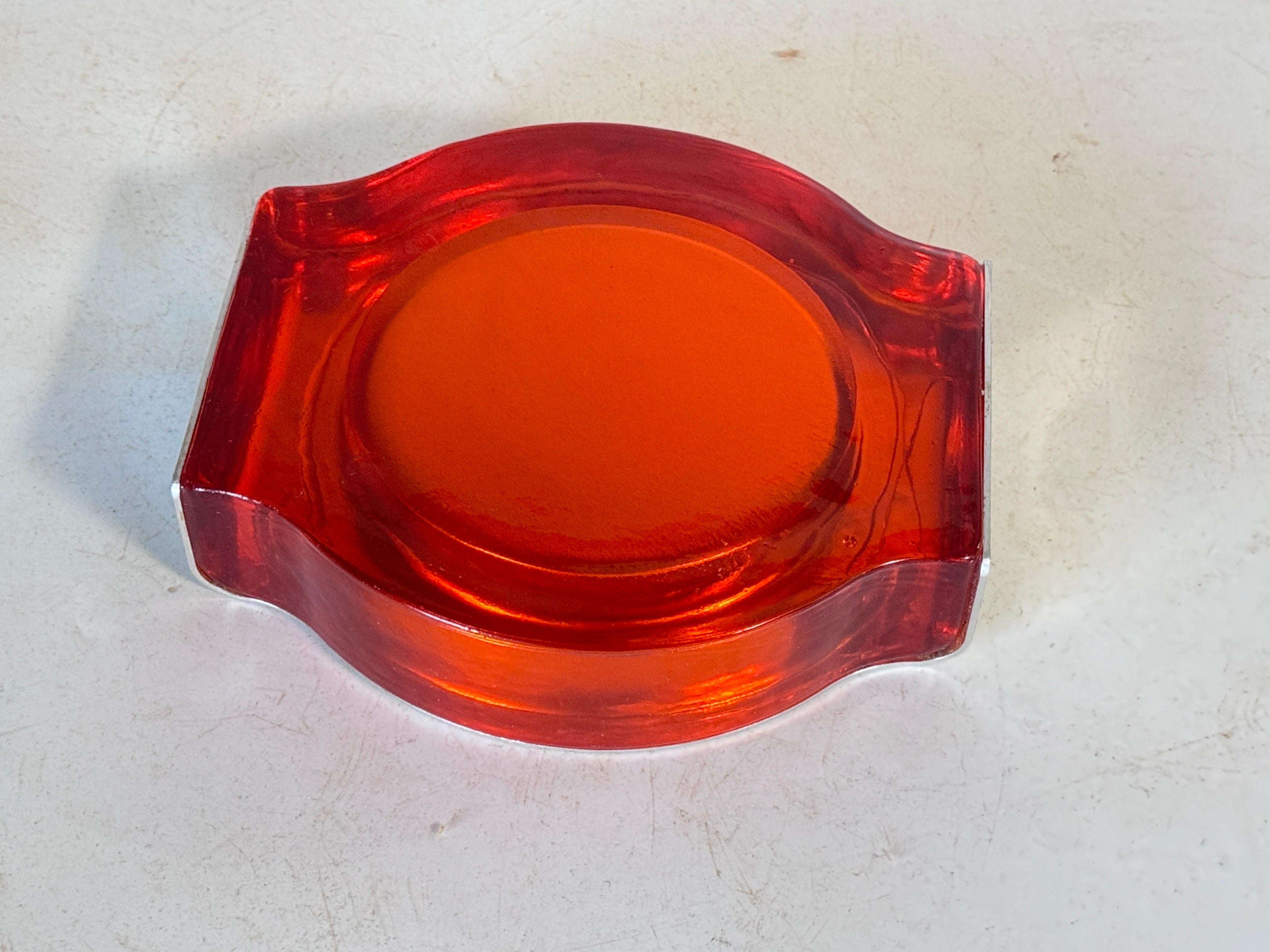 French Ashtray in Aluminium Cast and Glass Signed Chivas Red silvered color France 1970 For Sale