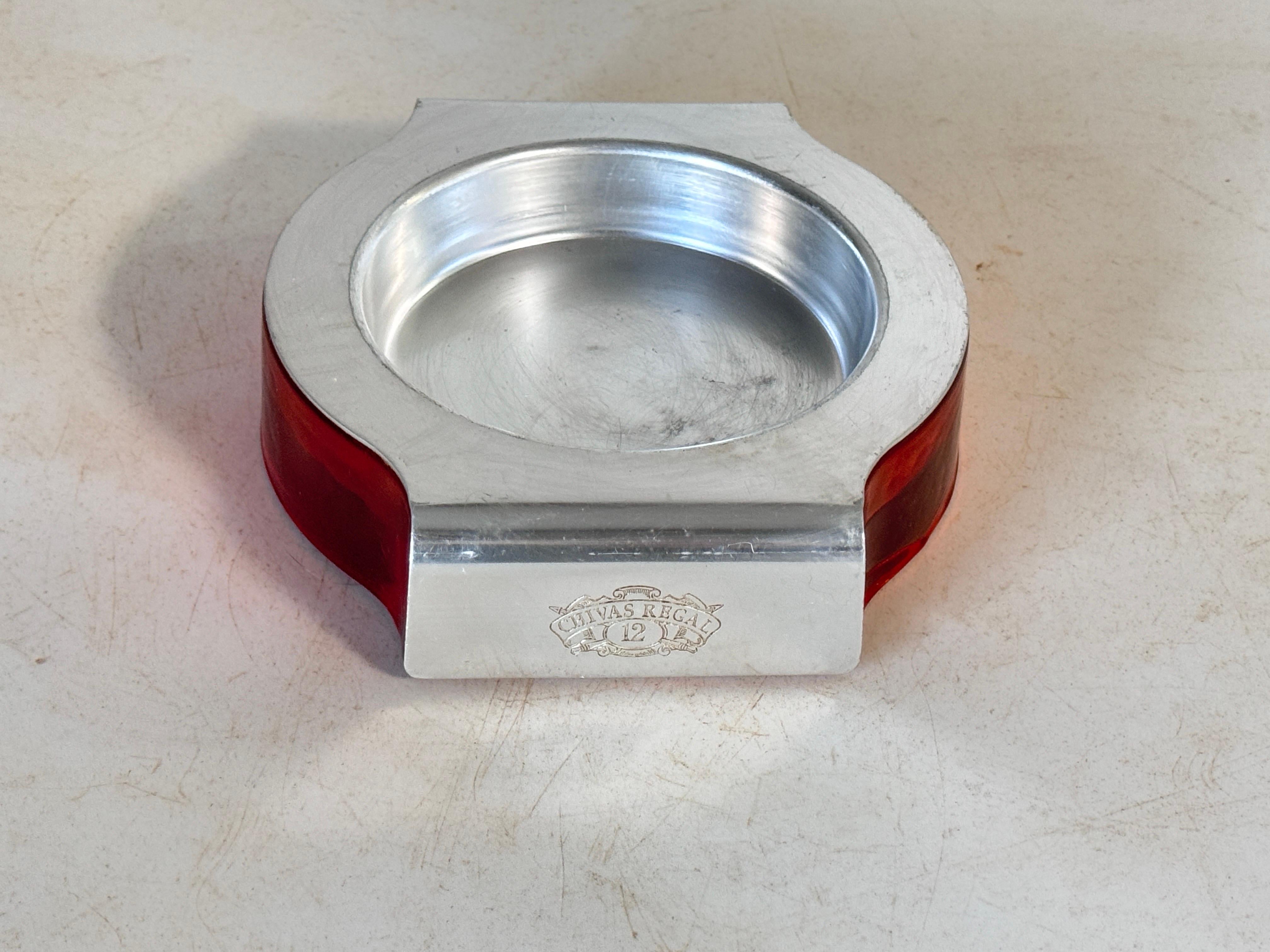Aluminum Ashtray in Aluminium Cast and Glass Signed Chivas Red silvered color France 1970 For Sale