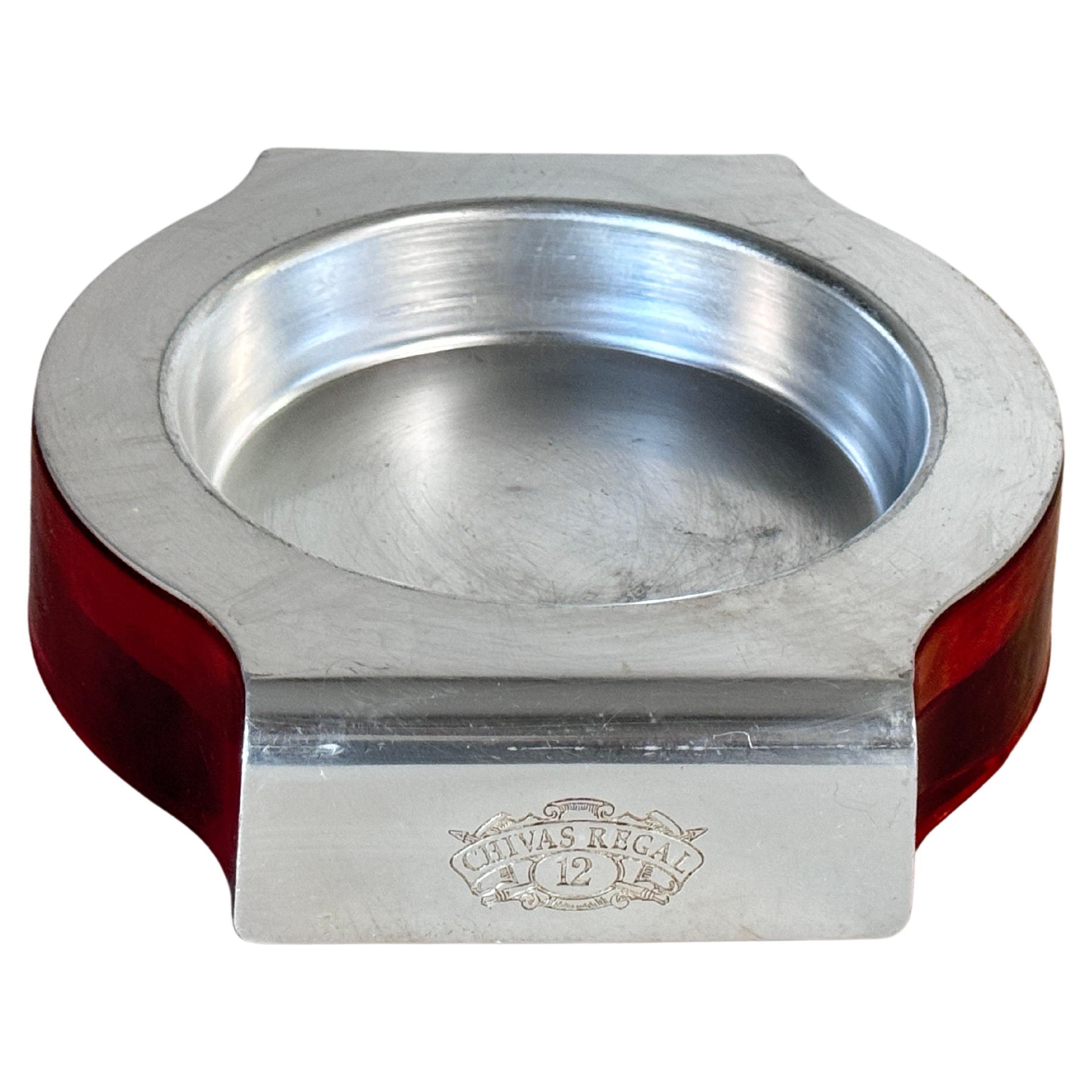 Ashtray in Aluminium Cast and Glass Signed Chivas Red silvered color France 1970 For Sale
