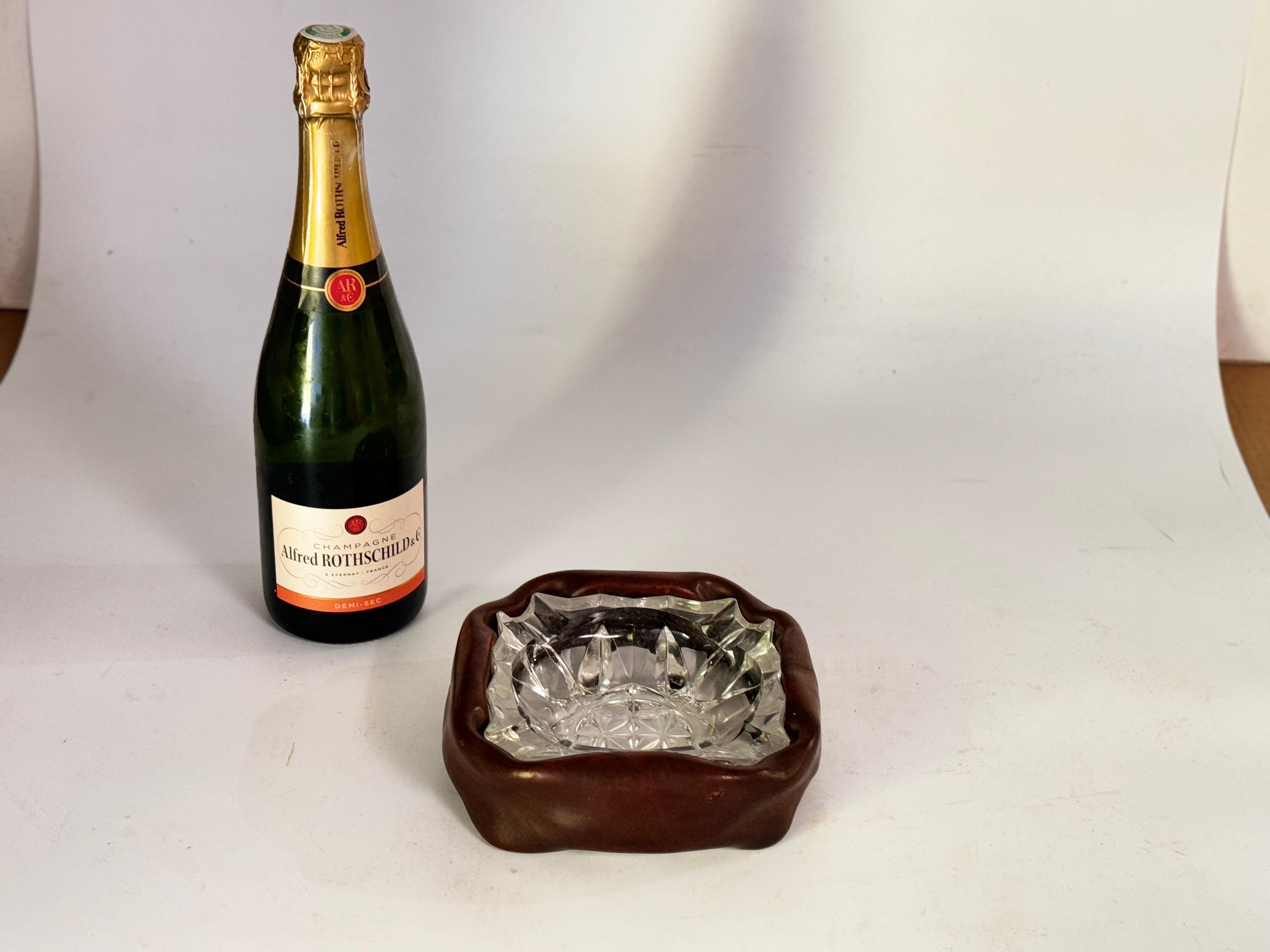 Ashtray in Glass with a Leather Cover, Brown Color, France 1970

 