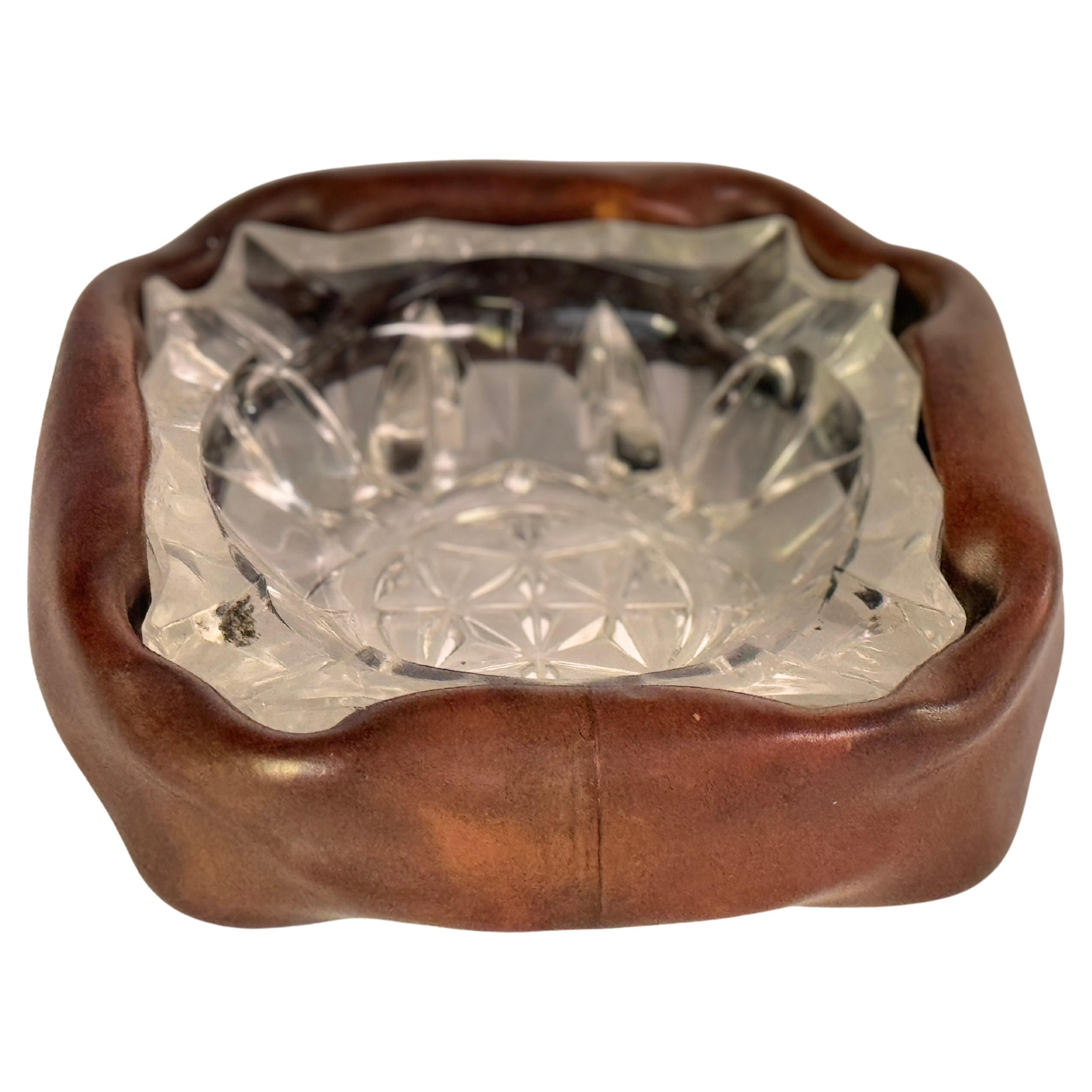 Mid-Century Modern Ashtray in Glass with a Leather Cover, Brown Color, France 1970 For Sale