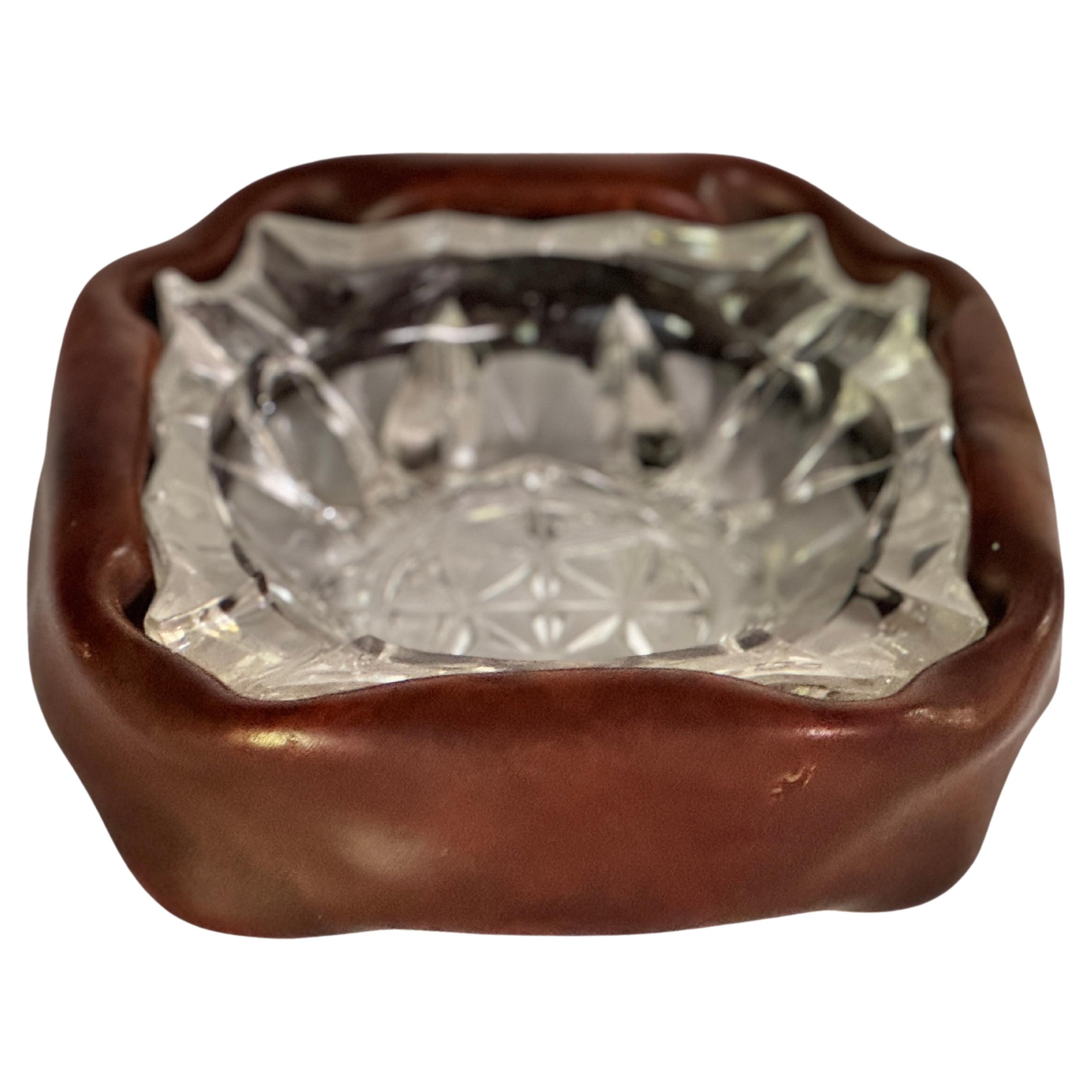 French Ashtray in Glass with a Leather Cover, Brown Color, France 1970 For Sale