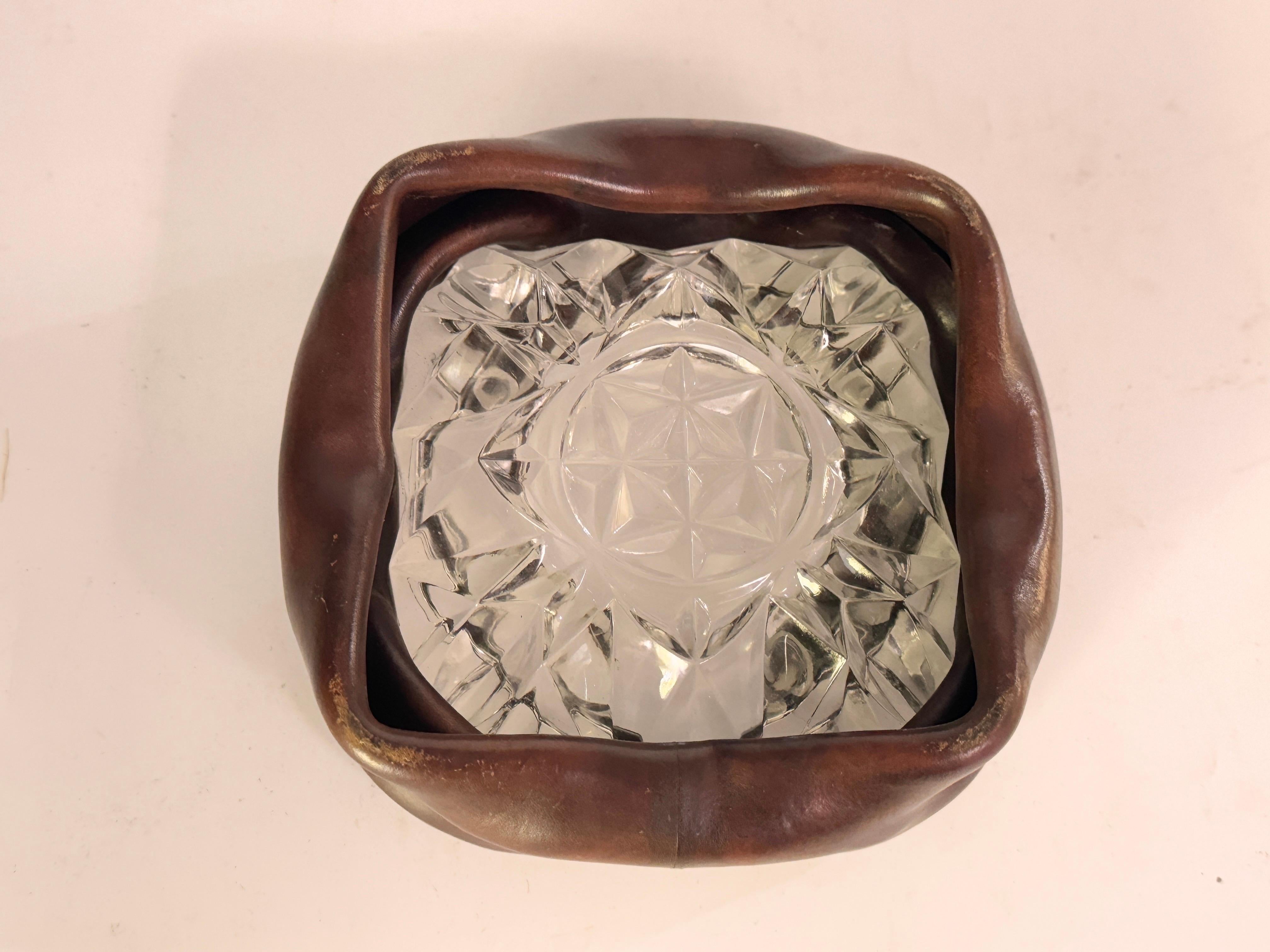 Late 20th Century Ashtray in Glass with a Leather Cover, Brown Color, France 1970 For Sale