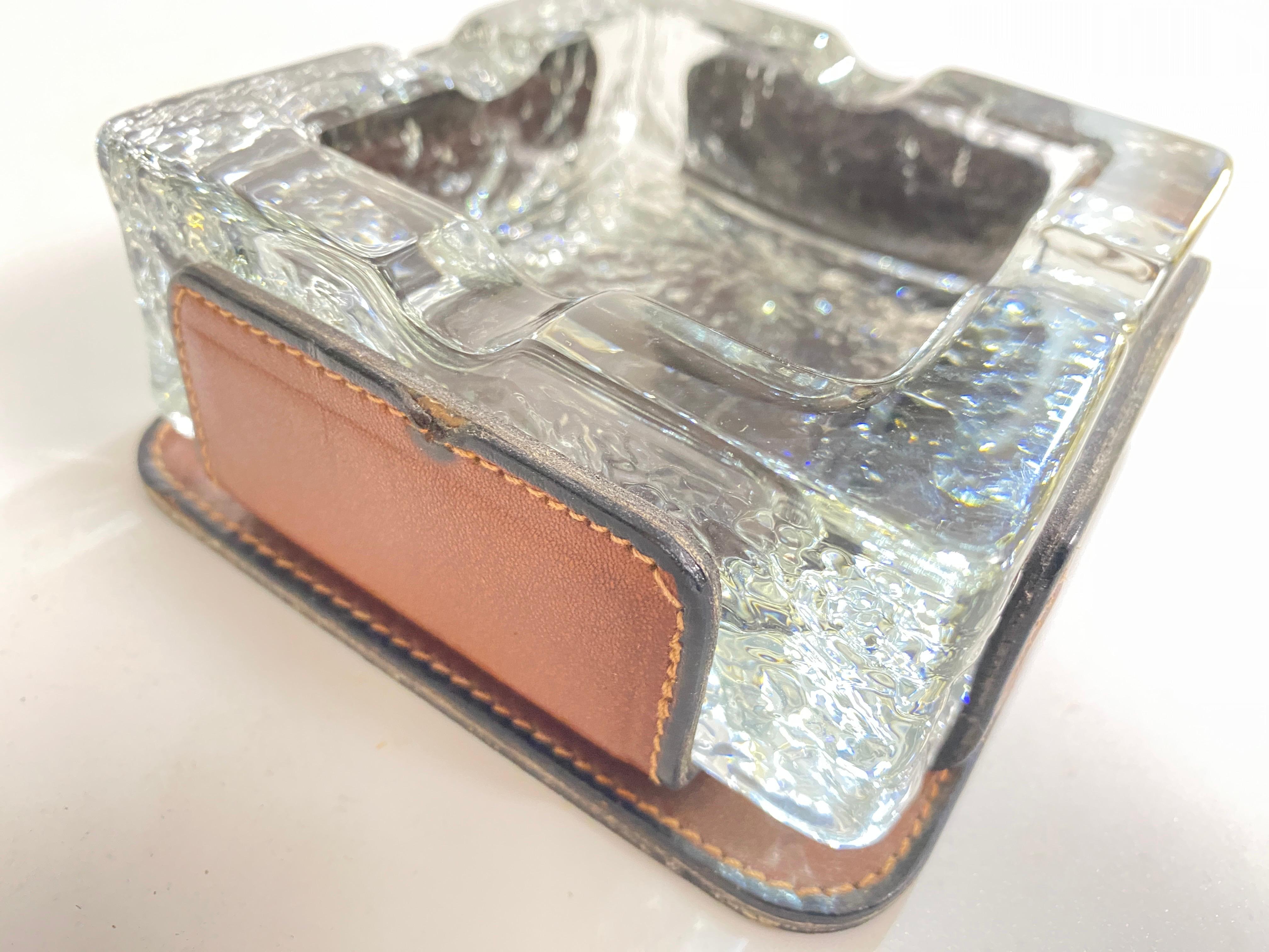 Ashtray in Glass with a Stitched Leather Cover, Brown Color, France 1970 In Good Condition For Sale In Auribeau sur Siagne, FR